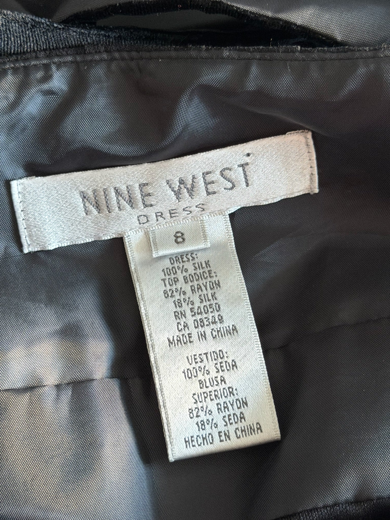 Nine West 100% Silk Black Cocktail Dress | Velvet Trim | Size 8