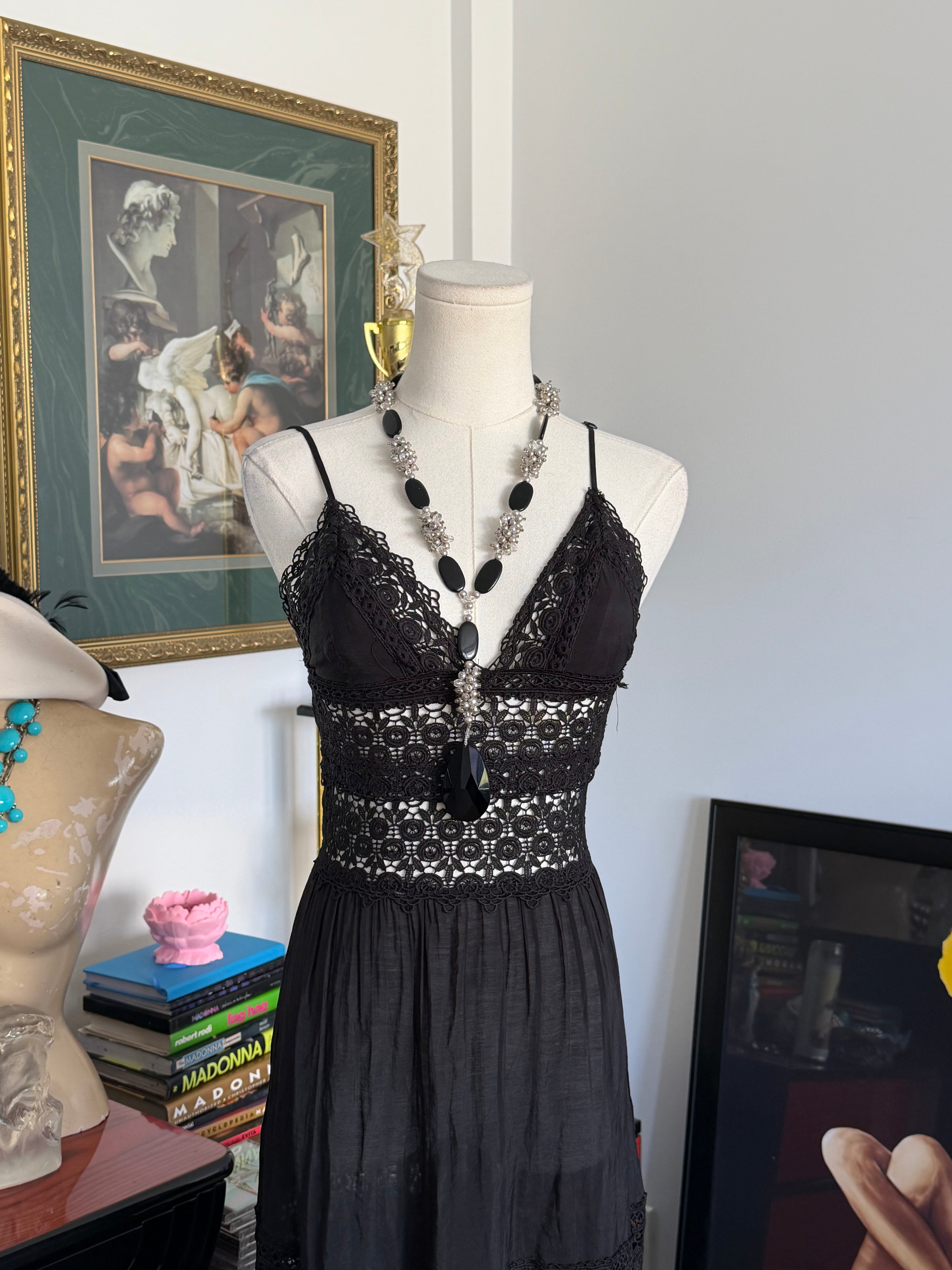 Vintage Black Crochet Lace Maxi Dress-xs