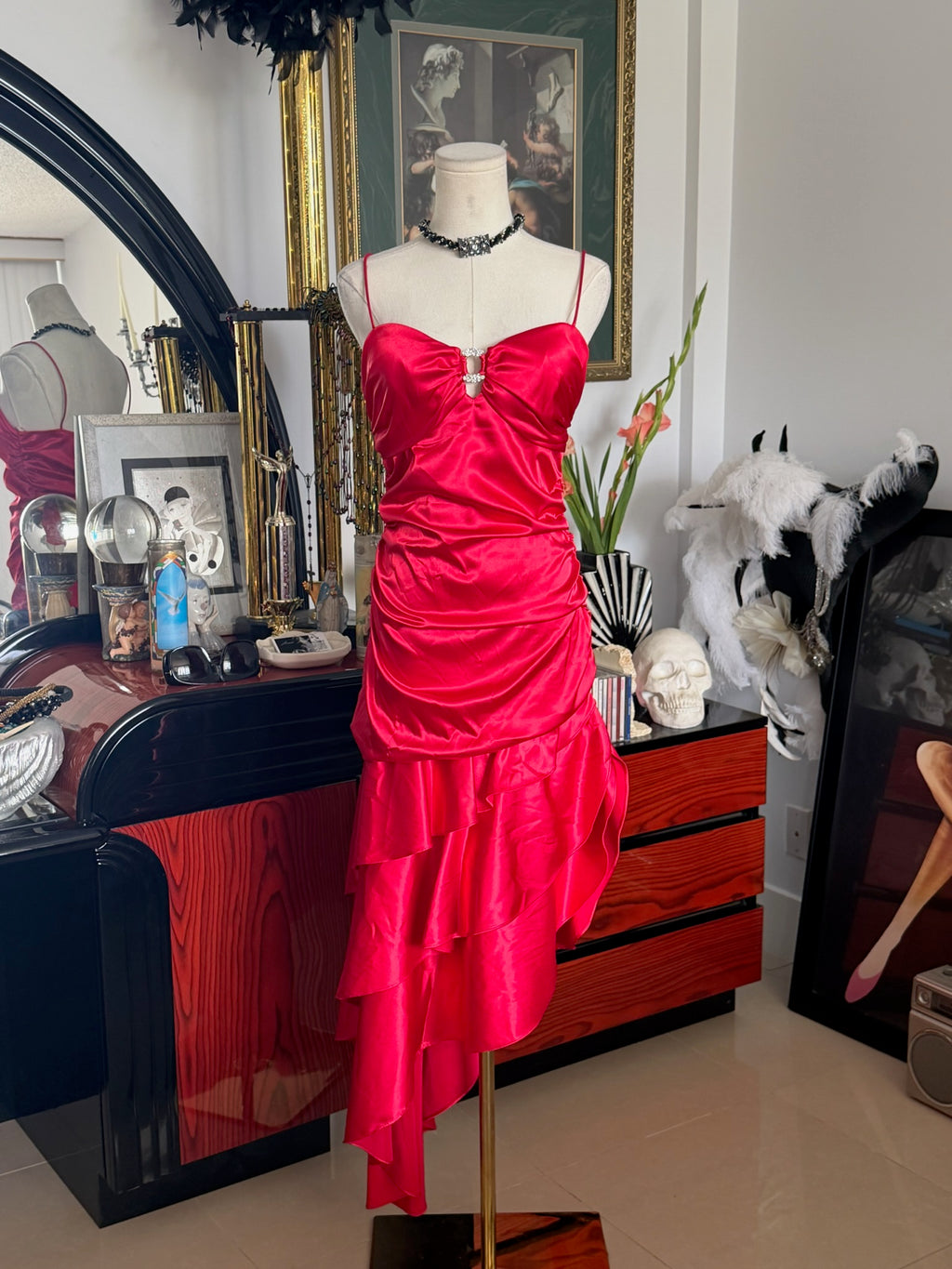 Blondie Nites Y2K Red Satin Rhinestone Ruffle Maxi Dress
