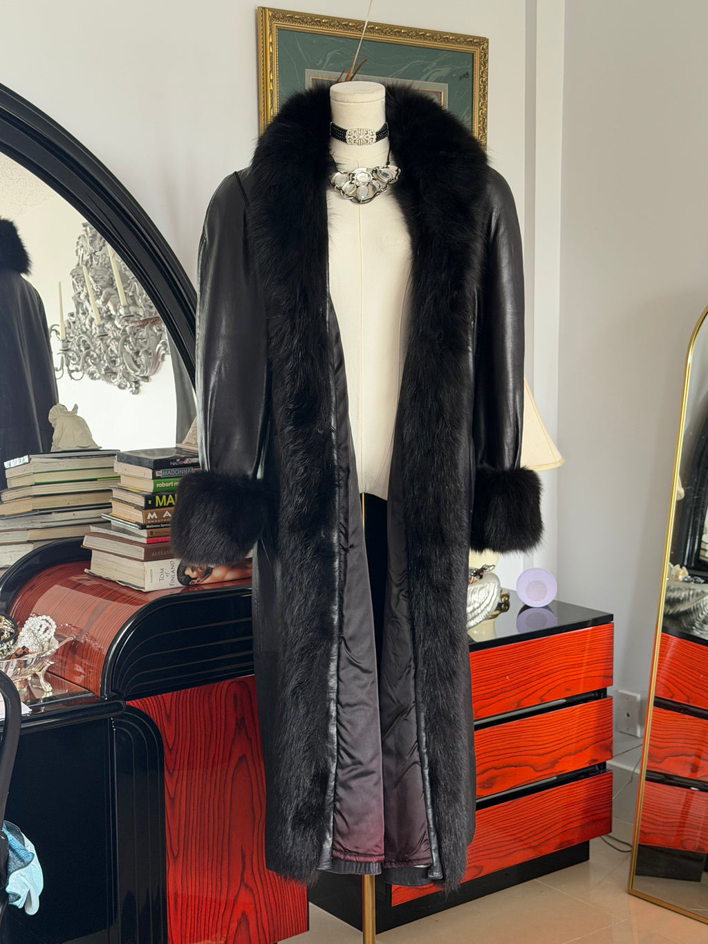 Thermi Vintage Black Nappa Leather Coat w/ Real Fur Trim + Snakeskin Panels (Longline)