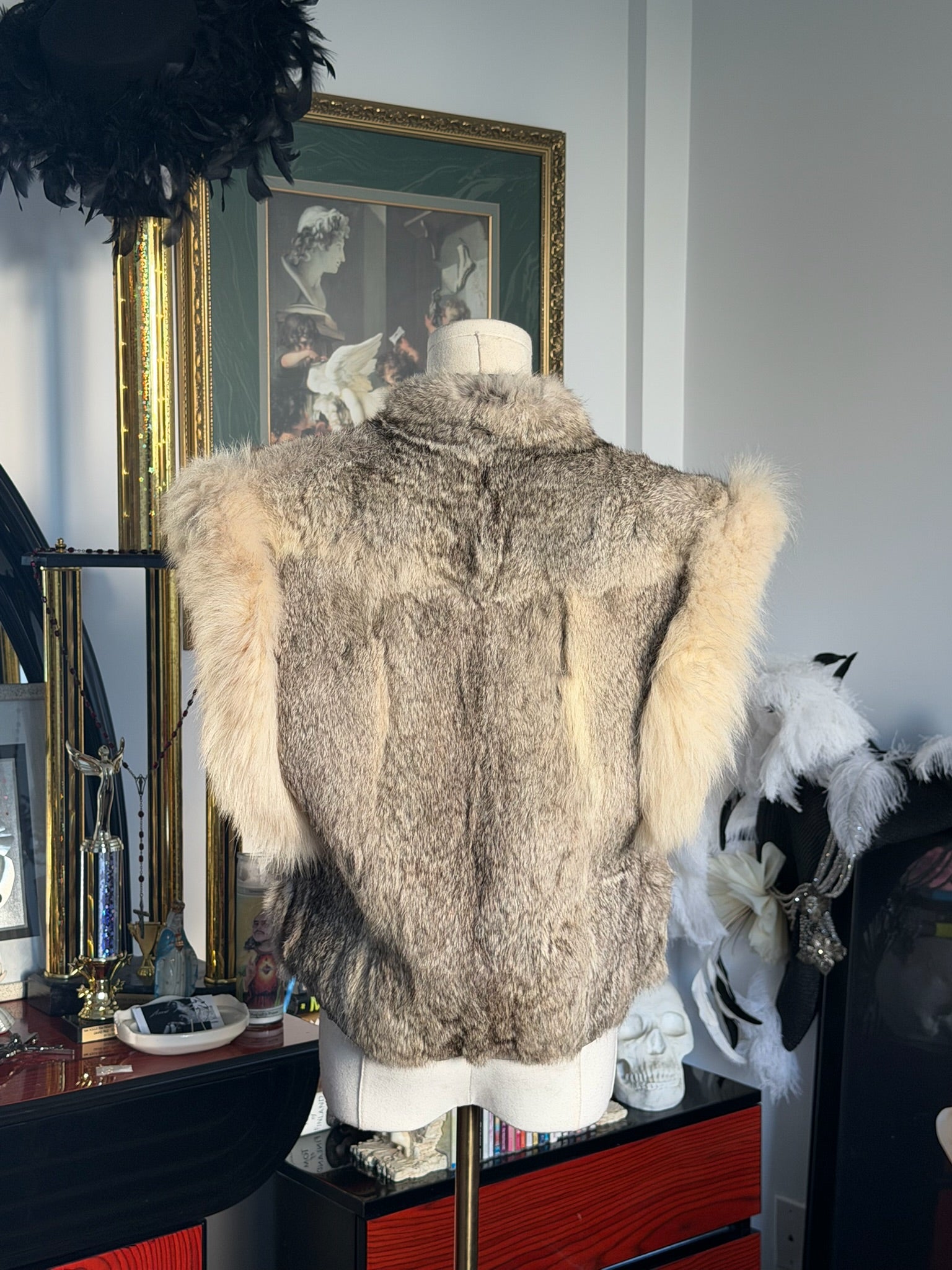 Vintage Genuine Rabbit Fur Vest – Natural Brown & Ivory Luxe Bohemian Layer