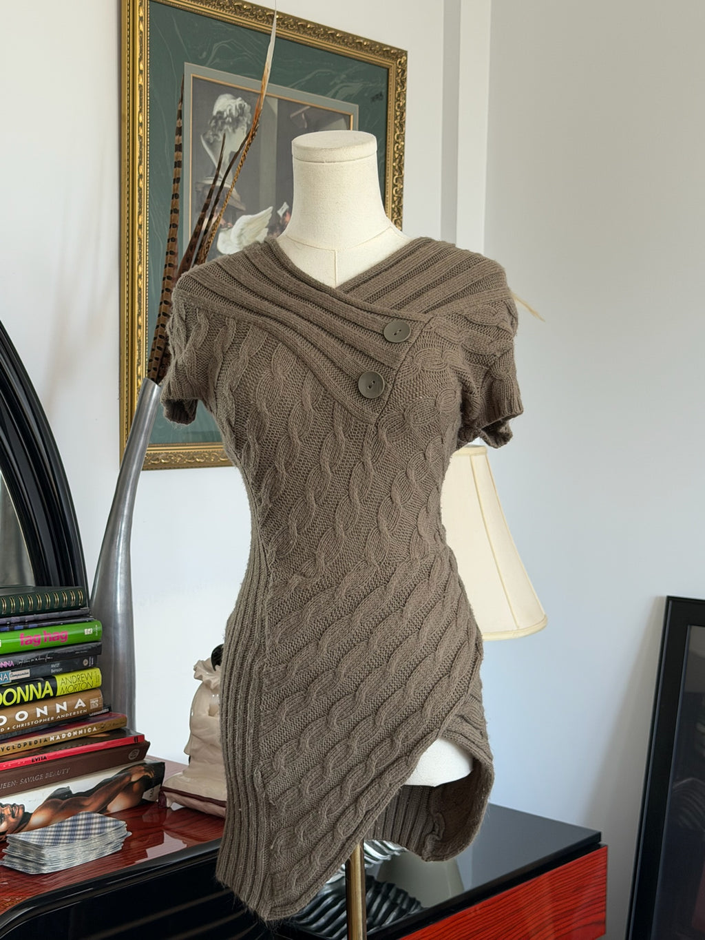 Brown Cable Knit Asymmetrical Sweater Dress