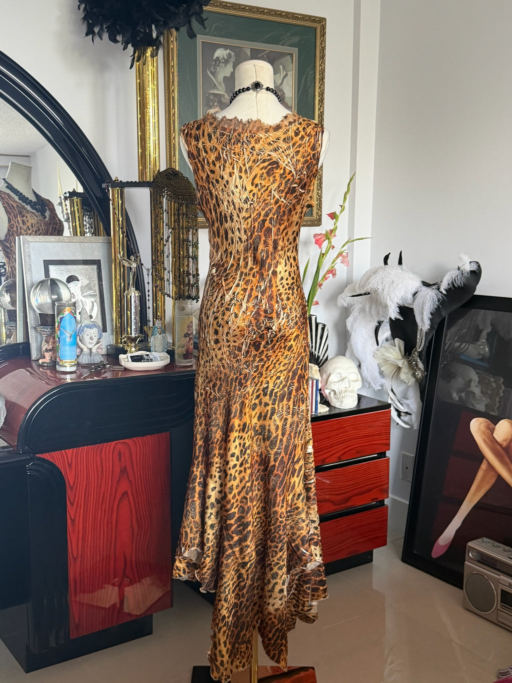 Komarov Leopard Print Crinkle Ruffle Maxi Dress
