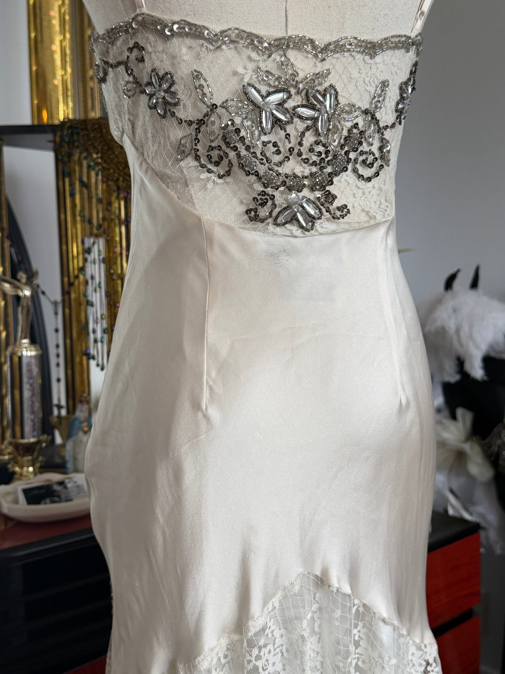 Vintage Sue Wong  Ivory Silk Beaded Lace Dress
