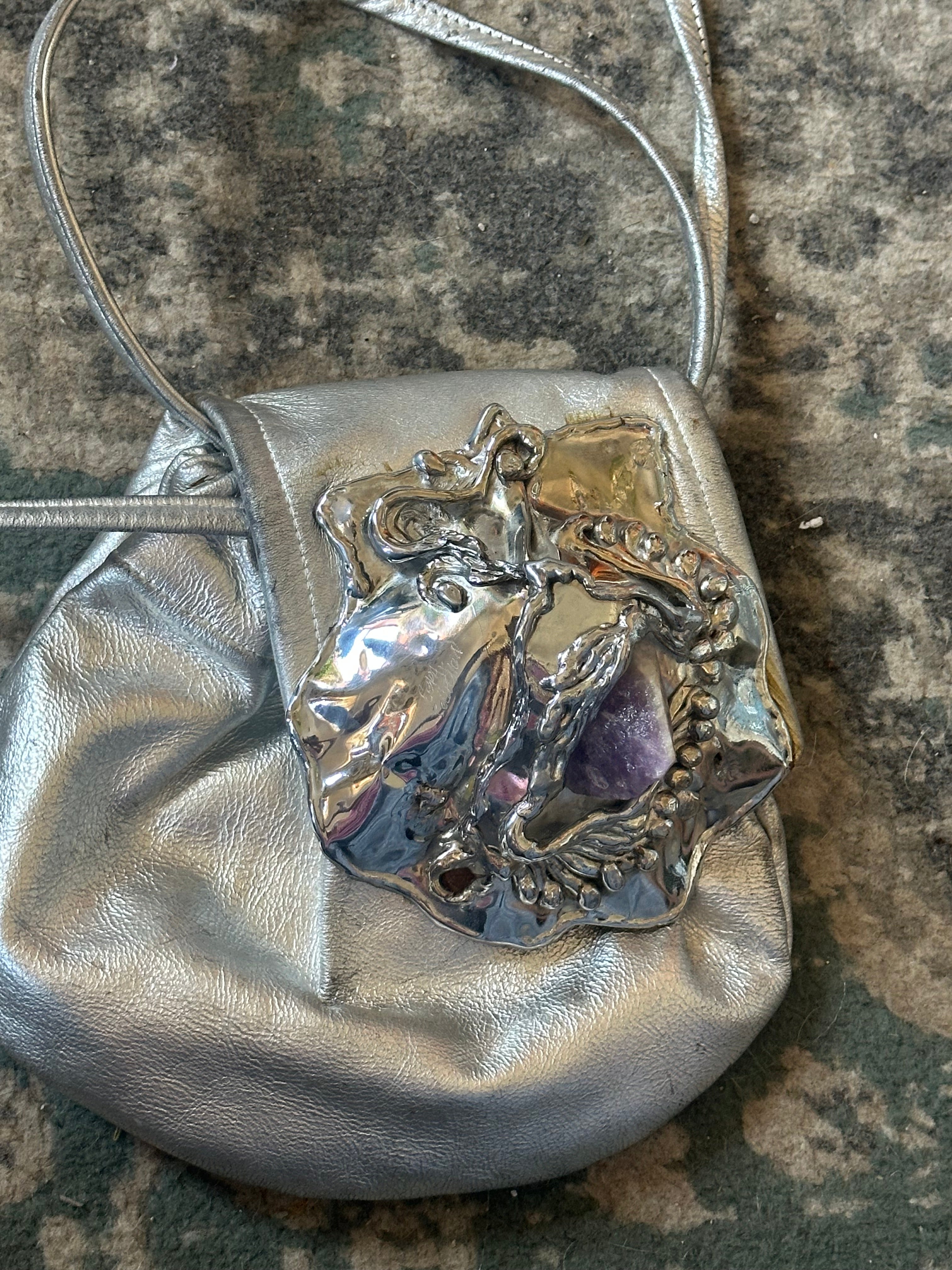 Vintage Metallic Silver Shoulder Bag with Sculptural Amethyst Accent