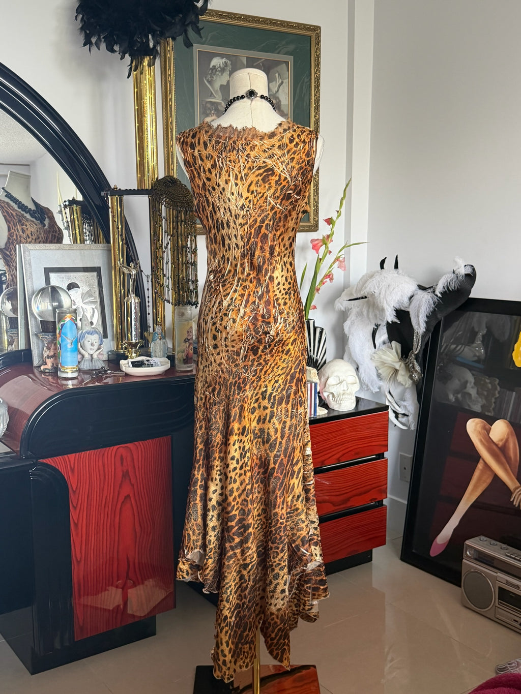 Komarov Leopard Print Crinkle Ruffle Maxi Dress