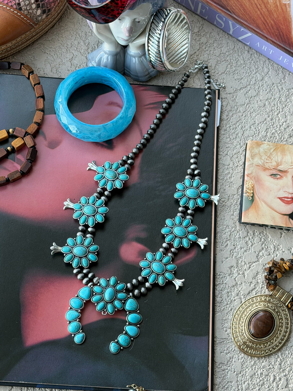 Turquoise Squash Blossom–Style Statement Necklace