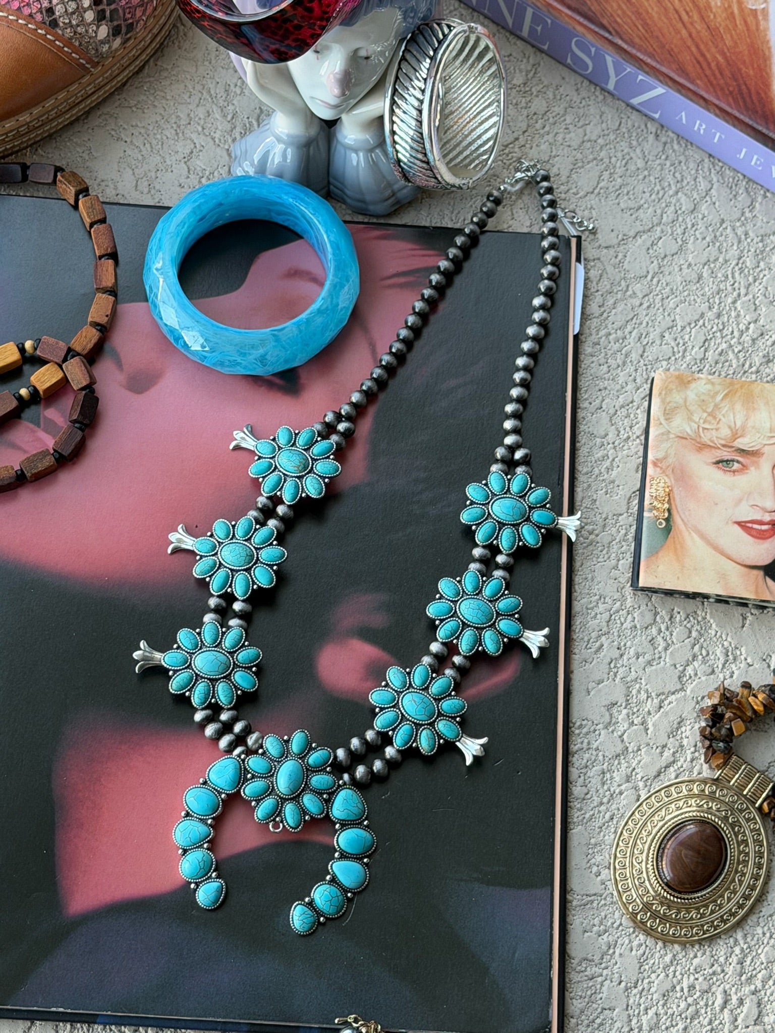 Turquoise Squash Blossom–Style Statement Necklace