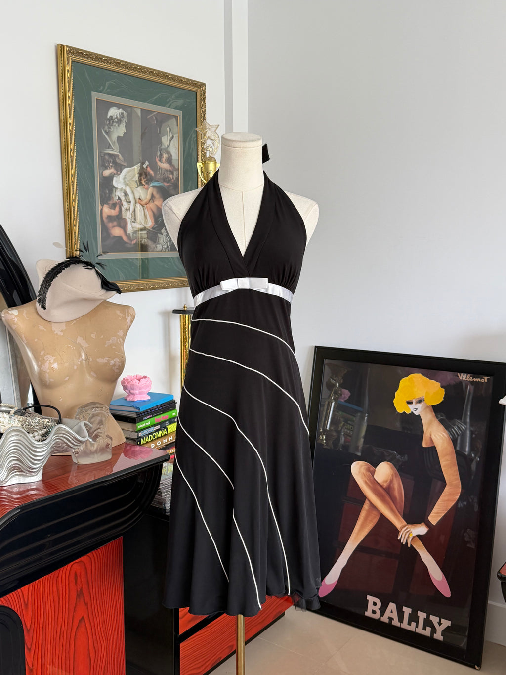 Vintage Rampage Black Halter Dress with White Ribbon Detail