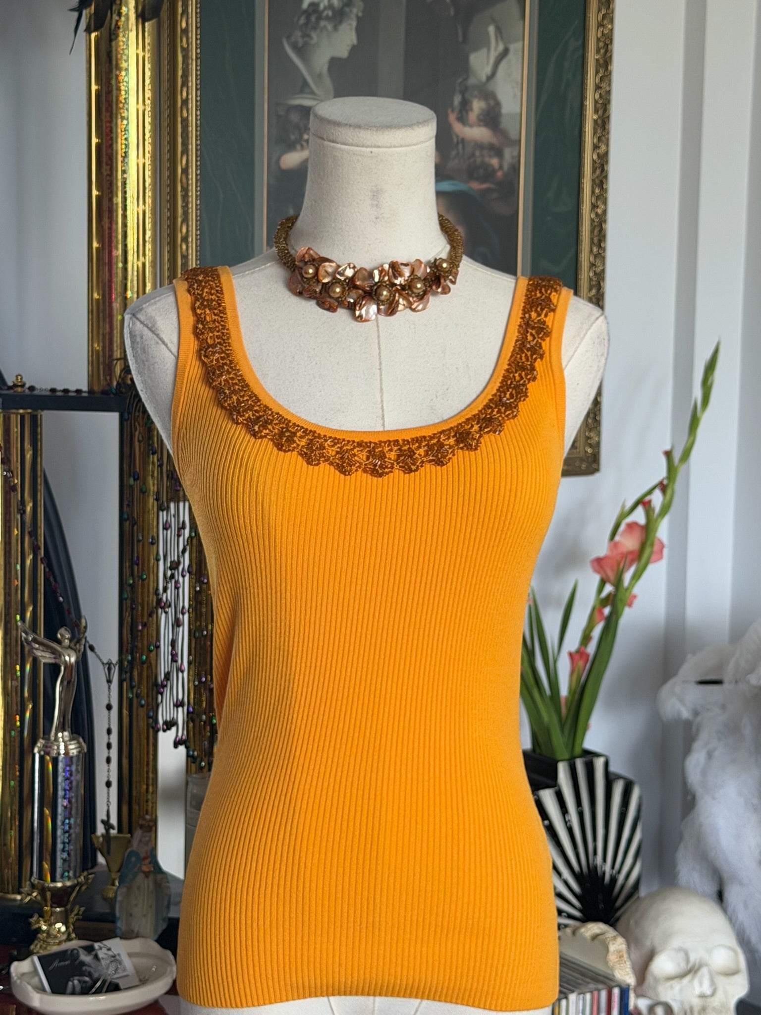 Caché Hand-Beaded Ribbed Knit Tank – Marigold