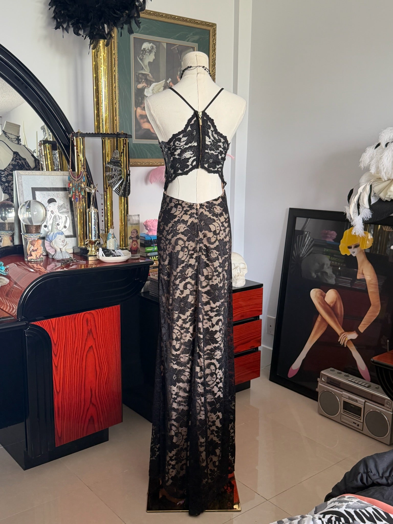 Y2K Black Lace Cutout Maxi Dress | Open Back Evening Gown | Size S