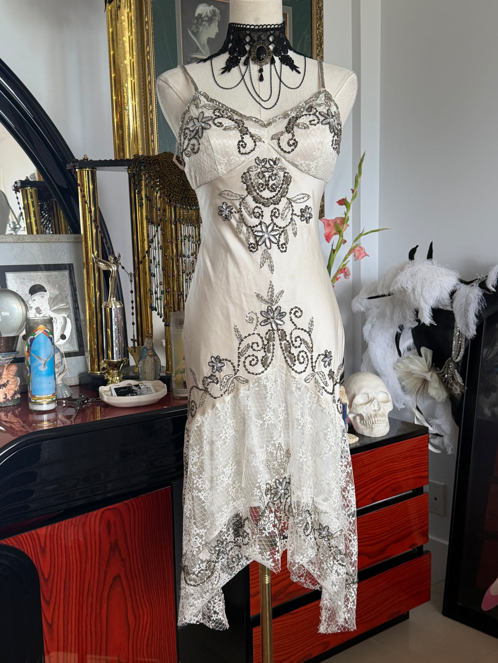 Vintage Sue Wong  Ivory Silk Beaded Lace Dress