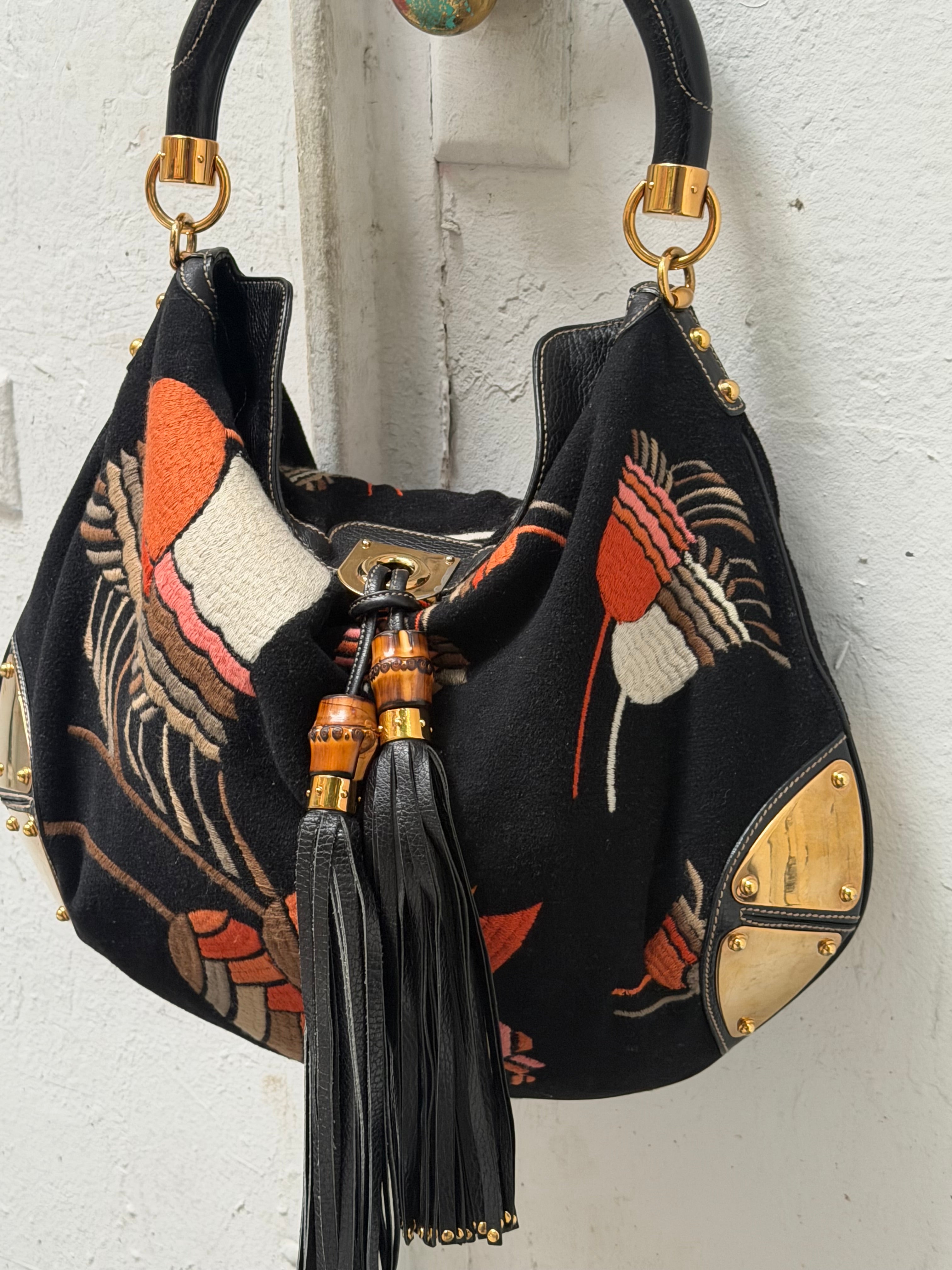 Gucci Fall/Winter Embroidered Velvet Large Indy Hobo Bag