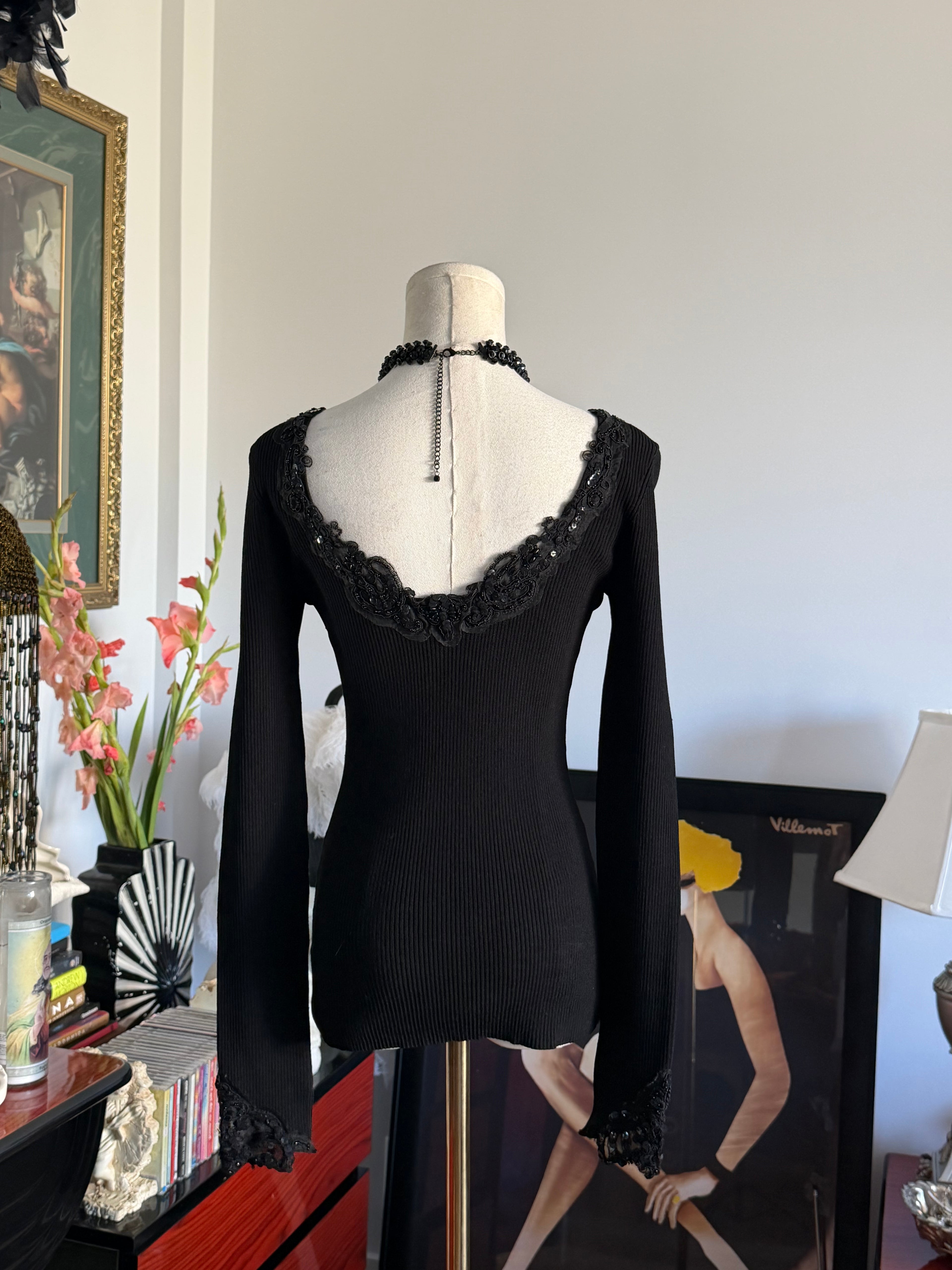 Vintage Caché Black Beaded Lace Reversible Long Sleeve Top