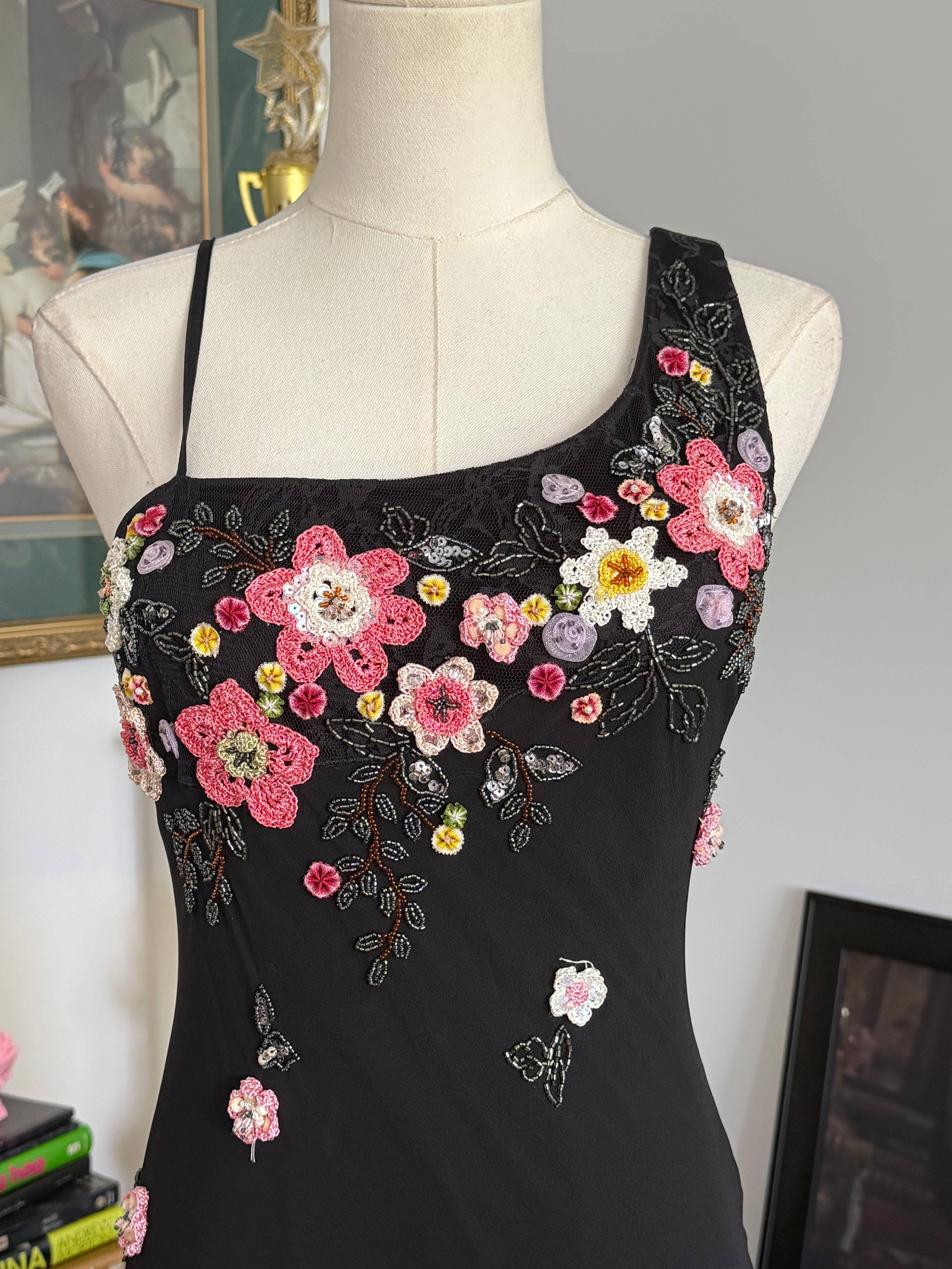 vintage Sue Wong, black silk floral, crochet, and beaded dress