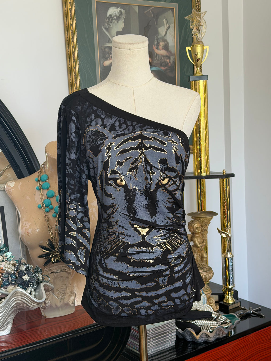cache one shoulder tiger print top | made in usa | size M-L