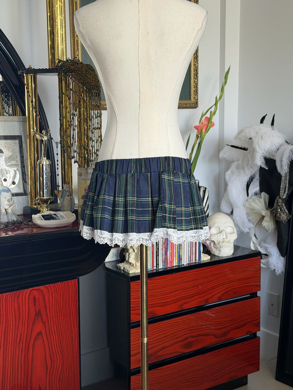 Plaid Lace Trim Mini Skirt | Coquette Preppy Pleated Skirt | Size M