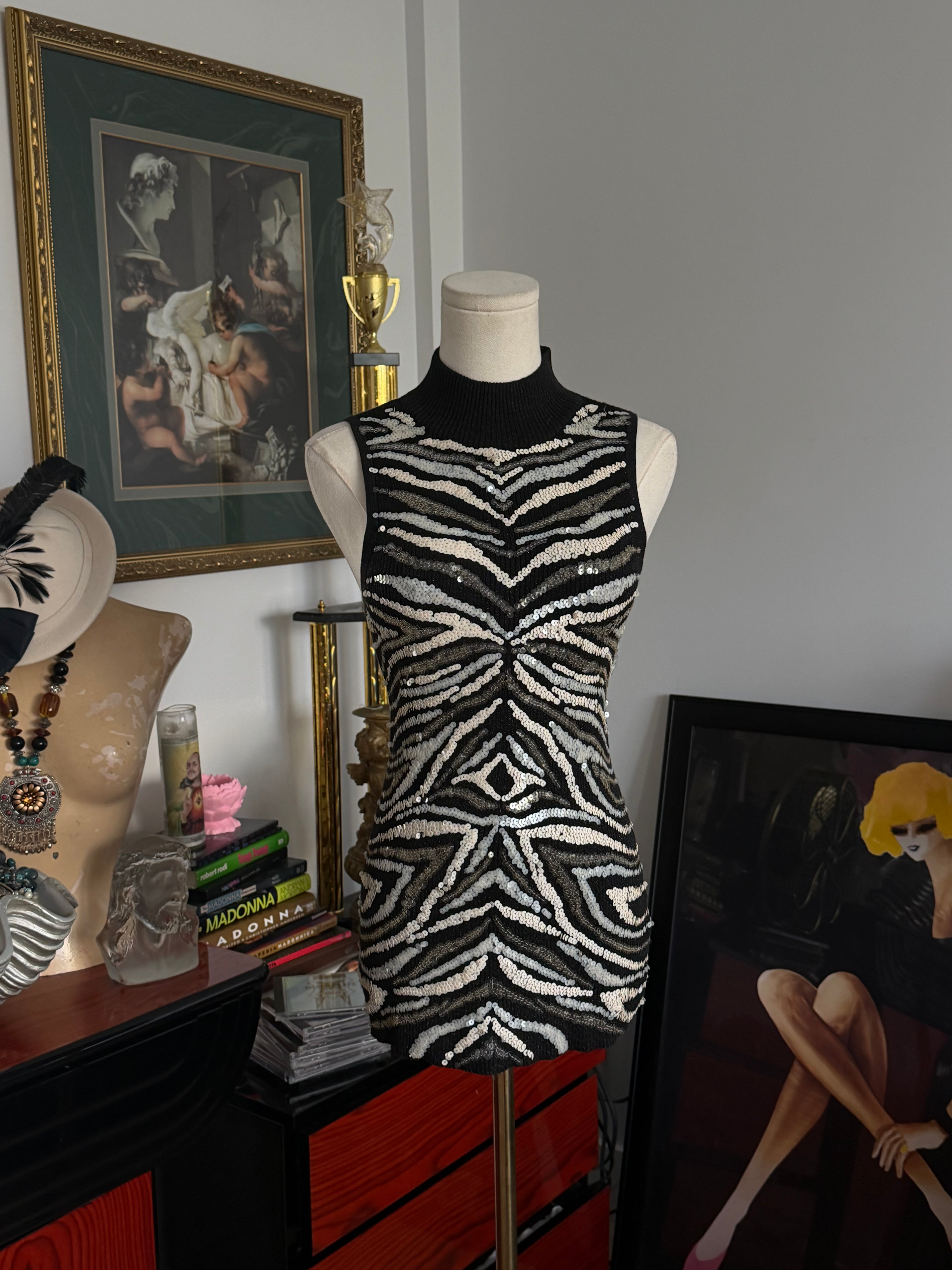 Vintage Cachet Zebra Sequin Mock Neck Top -M