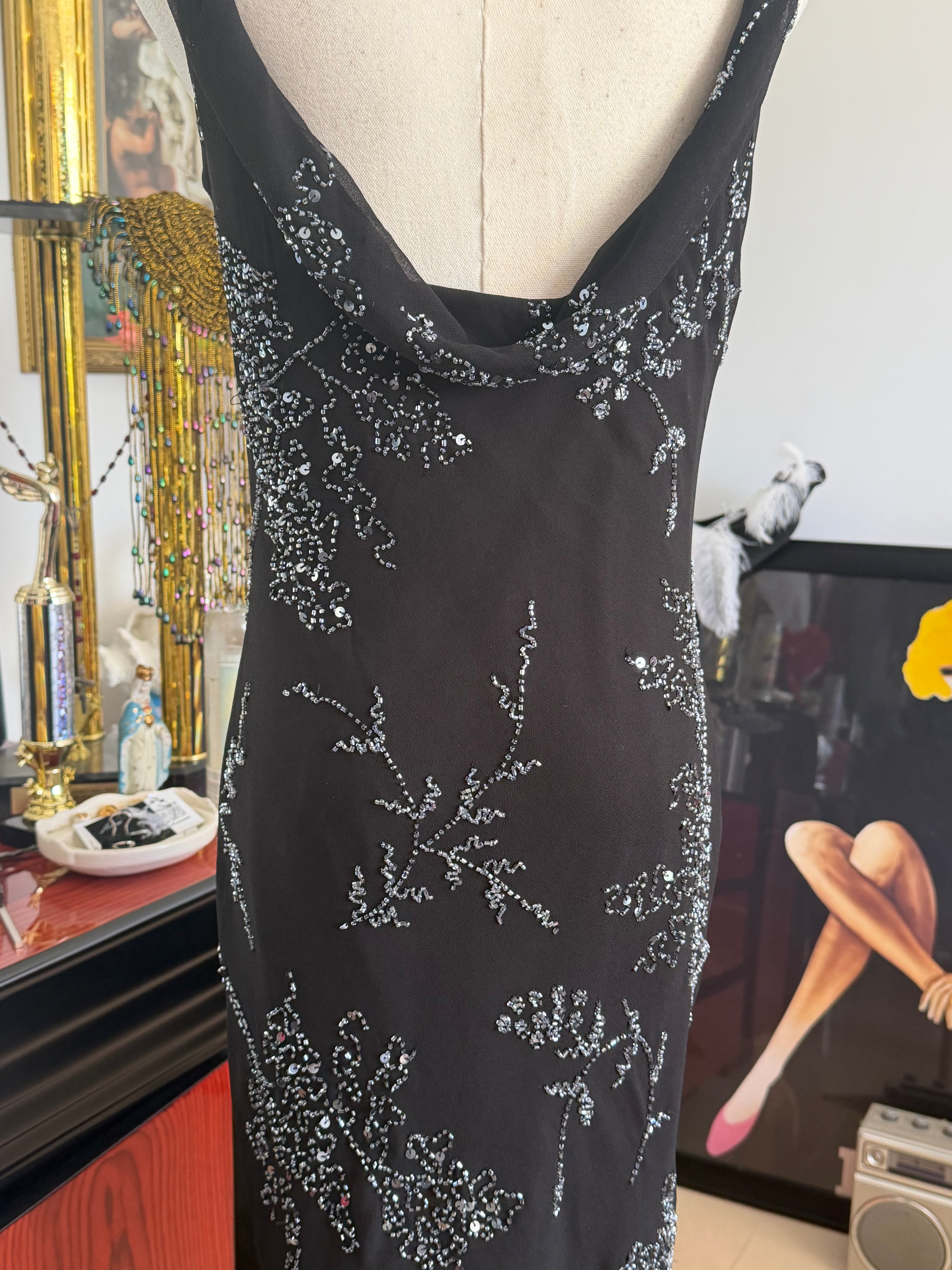 Vintage JKARA New York Black Beaded Evening Dress
