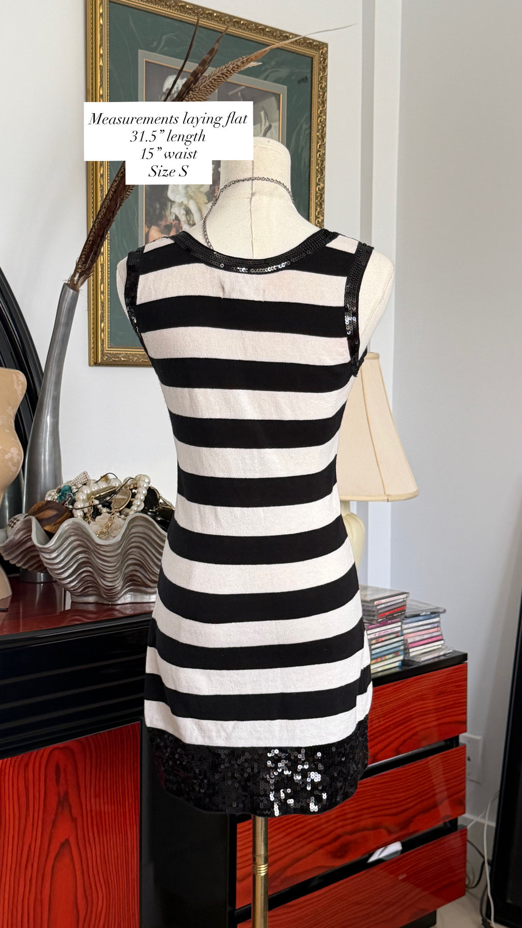 Black & Cream Striped Sequin Mini Dress