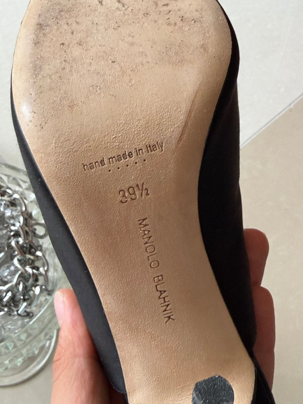 Manolo Blahnik Black Satin Mule Heels with Crystal Buttons – IT 39.5 (US 9.5)