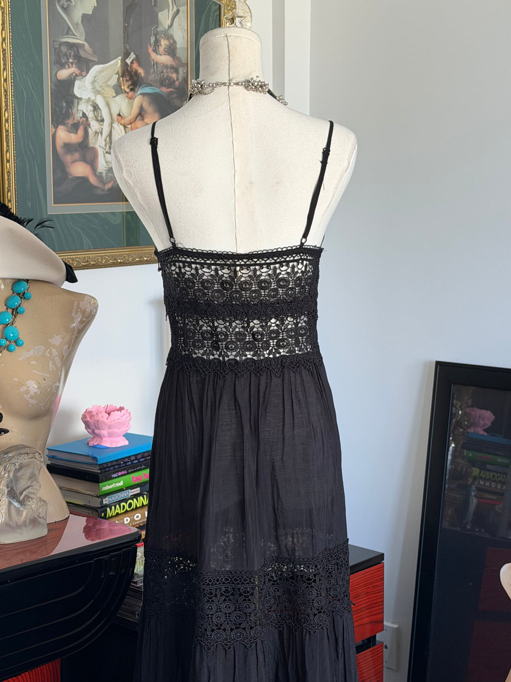 Vintage Black Crochet Lace Maxi Dress-xs