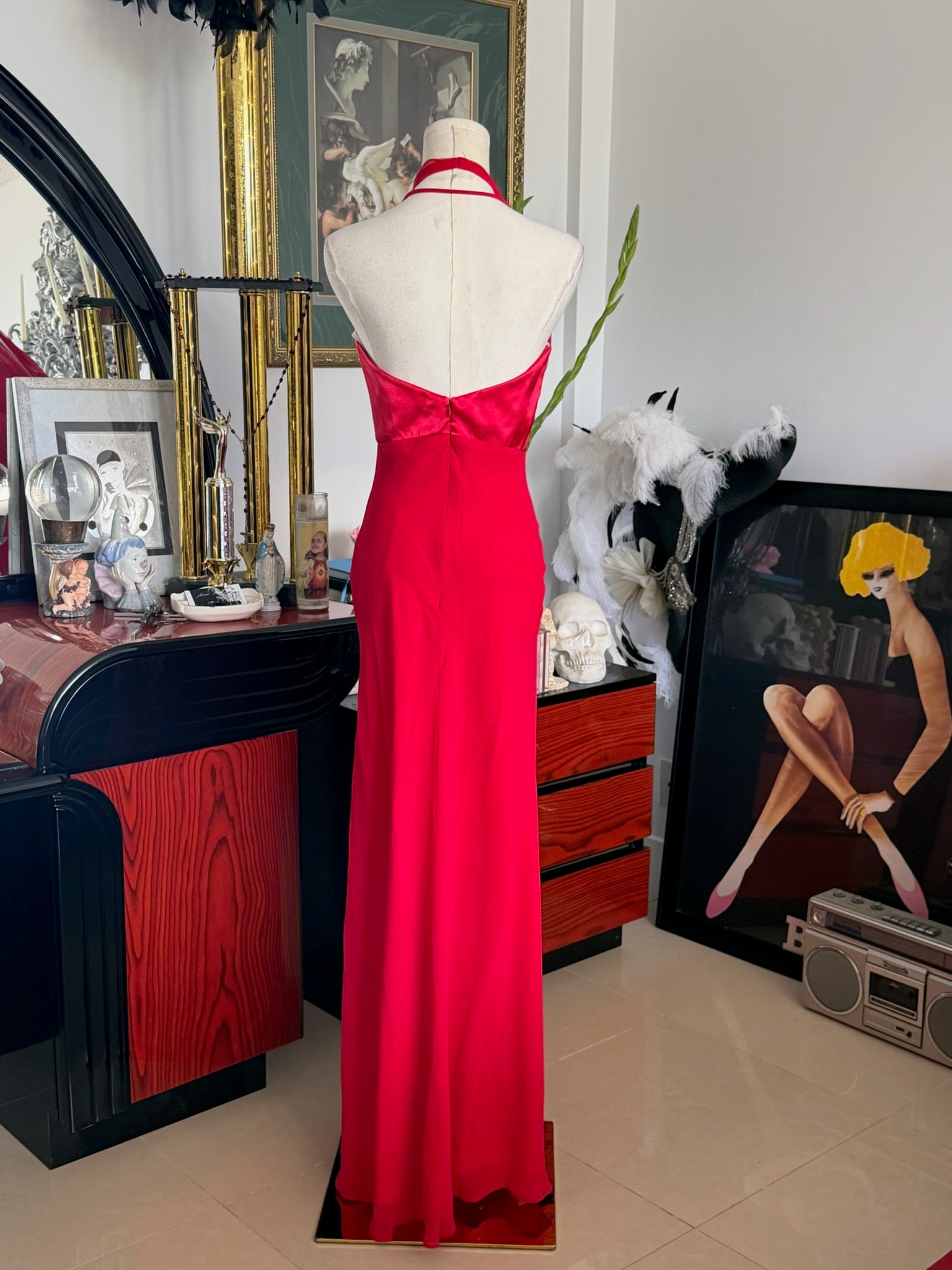 Vintage Betsy & Adam Red Halter Evening Gown – Rhinestone Bow Detail