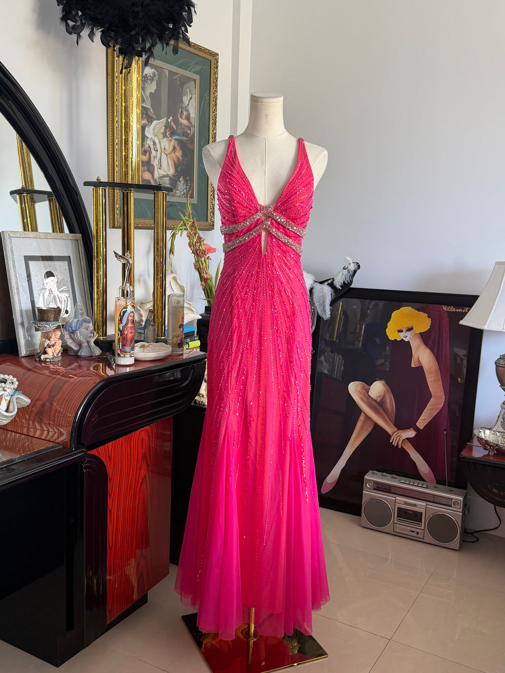 Cecily Brown Hot Pink Beaded Rhinestone Open Back Evening Gown
