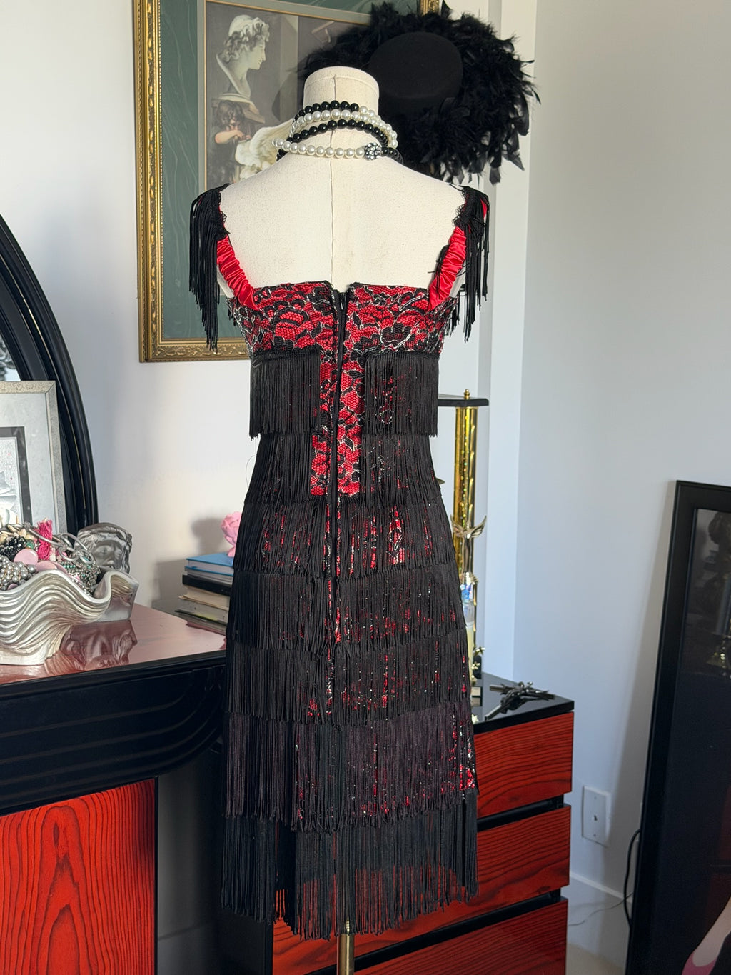 Vintage Morgan & Co. Black Fringe & Red Sequin Dress