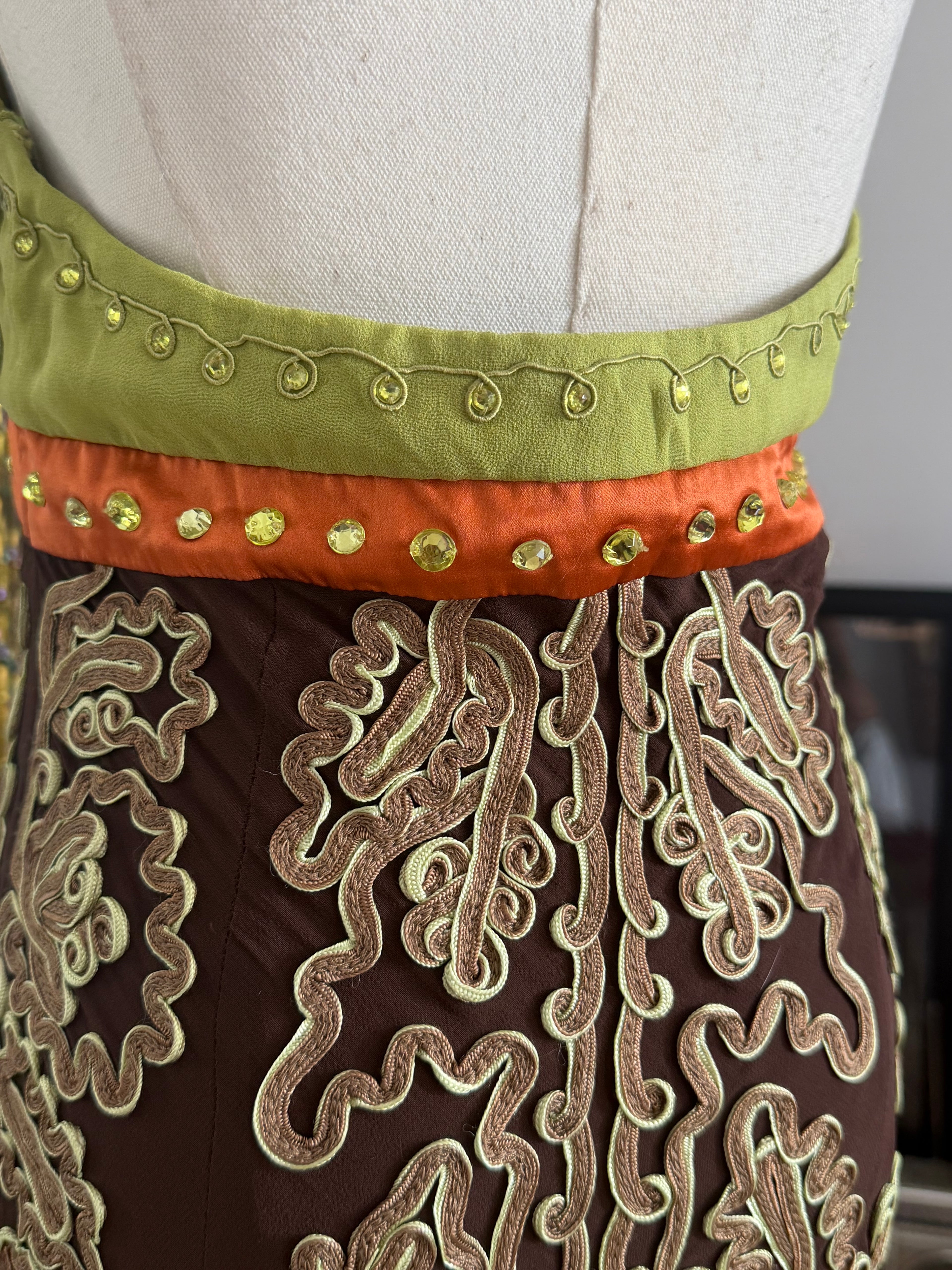 Vintage Sue Wong Couture 100% Silk Embroidered Halter Midi Dress | Size 6