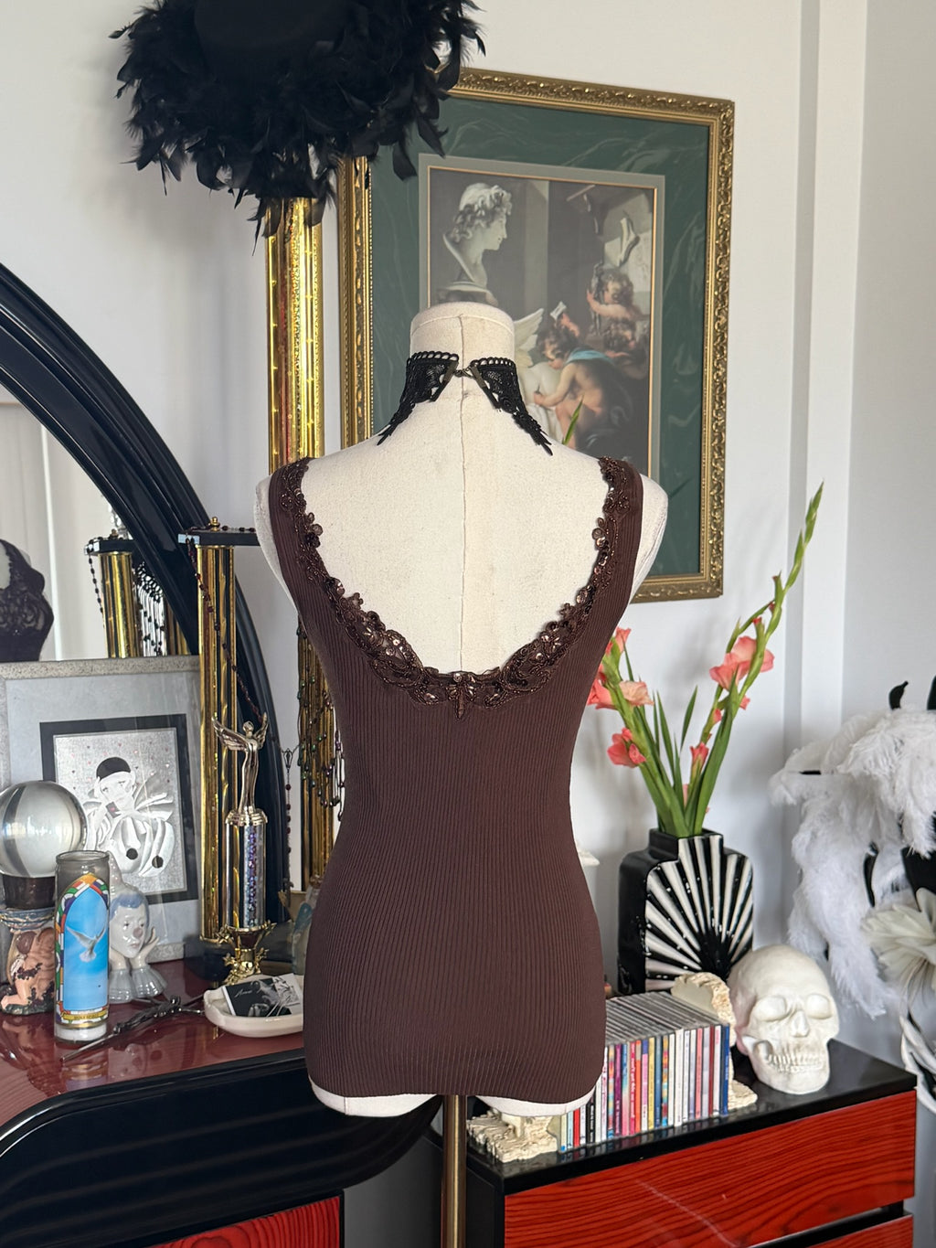 Caché Beaded Lace Illusion Ribbed Knit Tank – Chocolate Brown