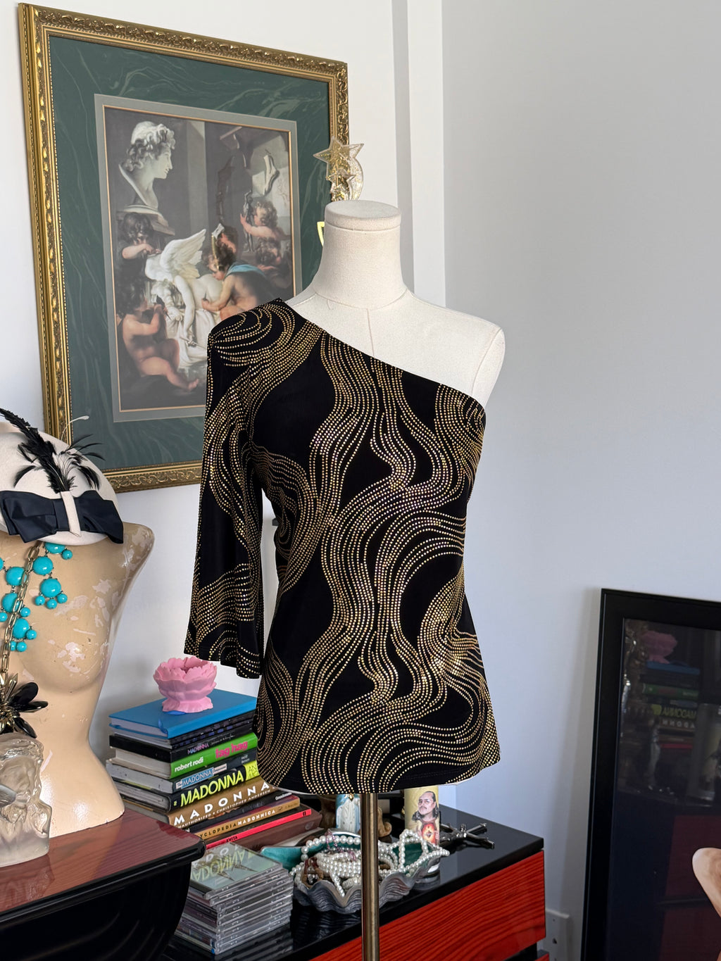 Cache Black & Gold Rhinestone One Shoulder Top
