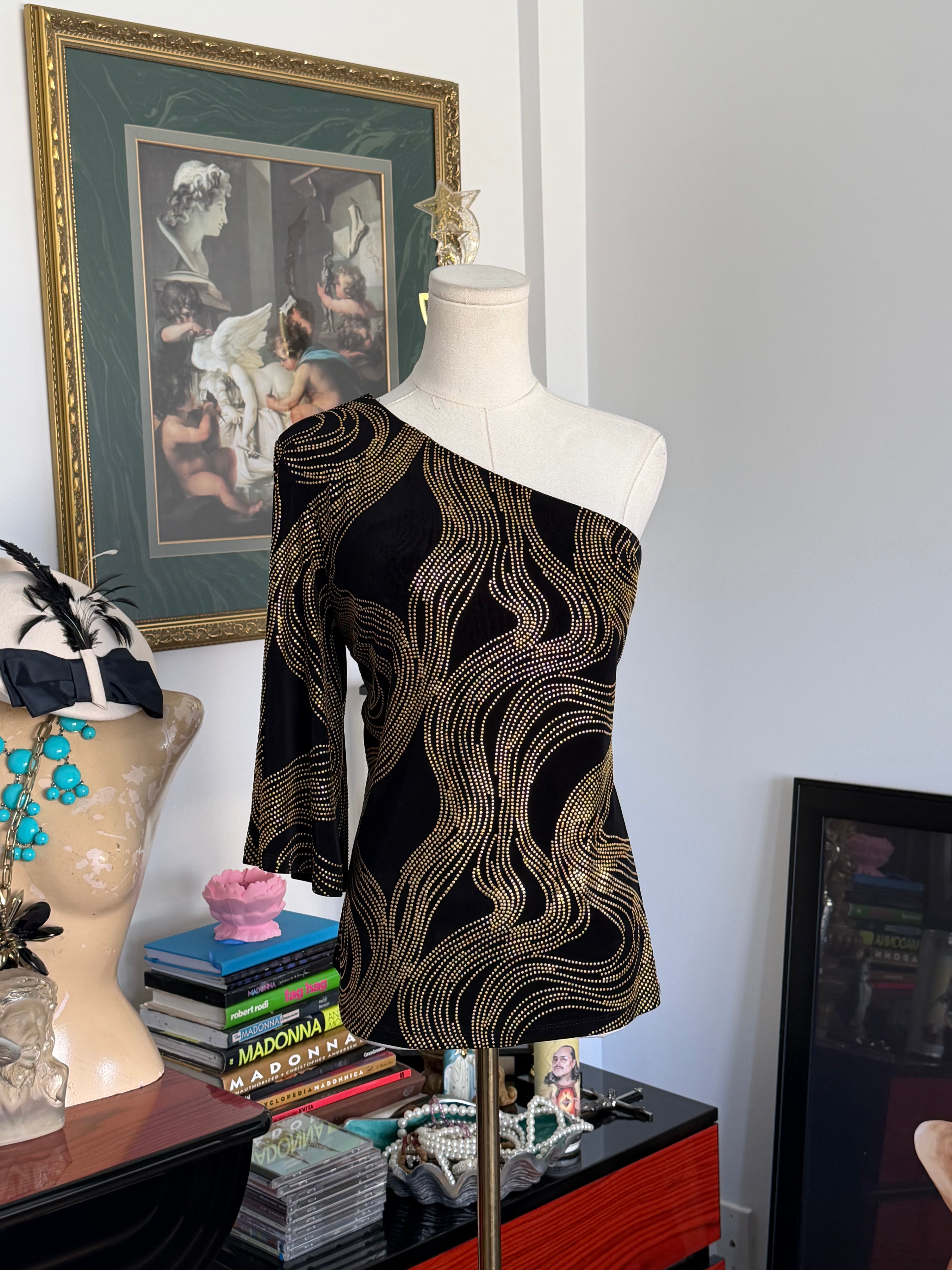 Cache Black & Gold Rhinestone One Shoulder Top