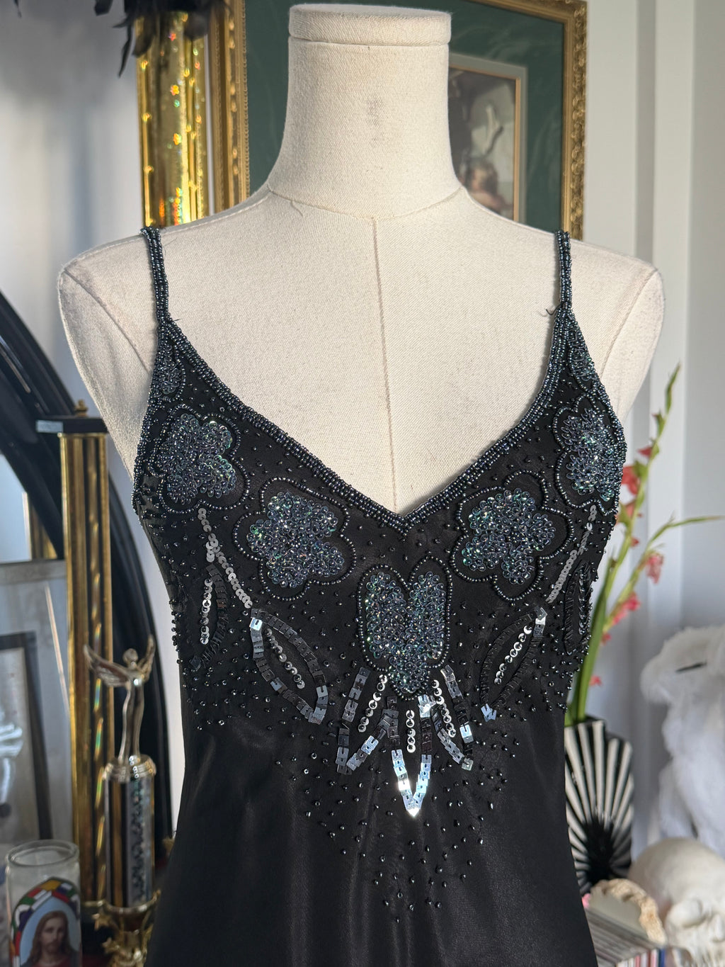 Papell Boutique Black Silk Beaded Floral Evening Dress — Size 4