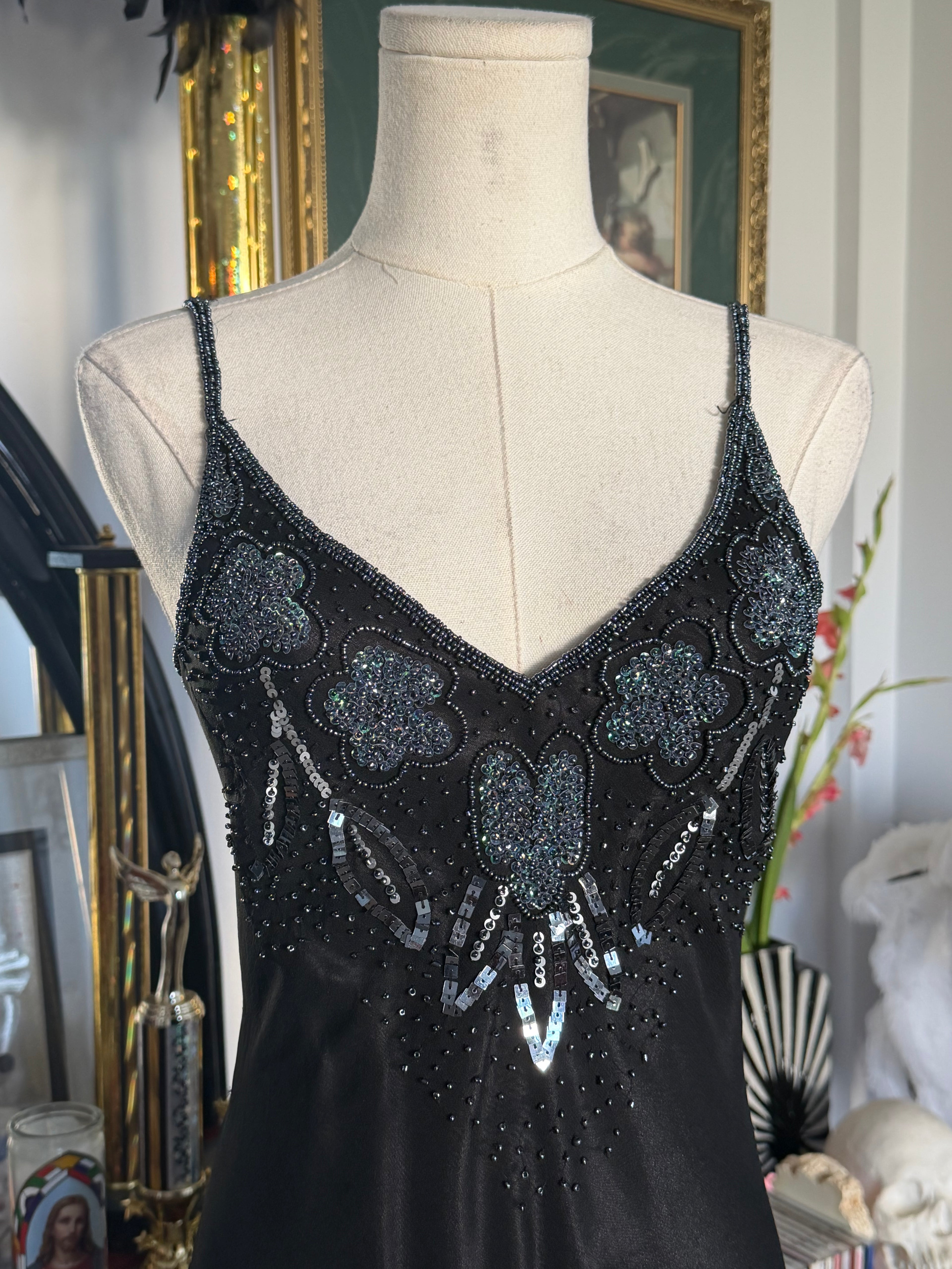 Papell Boutique Black Silk Beaded Floral Evening Dress — Size 4