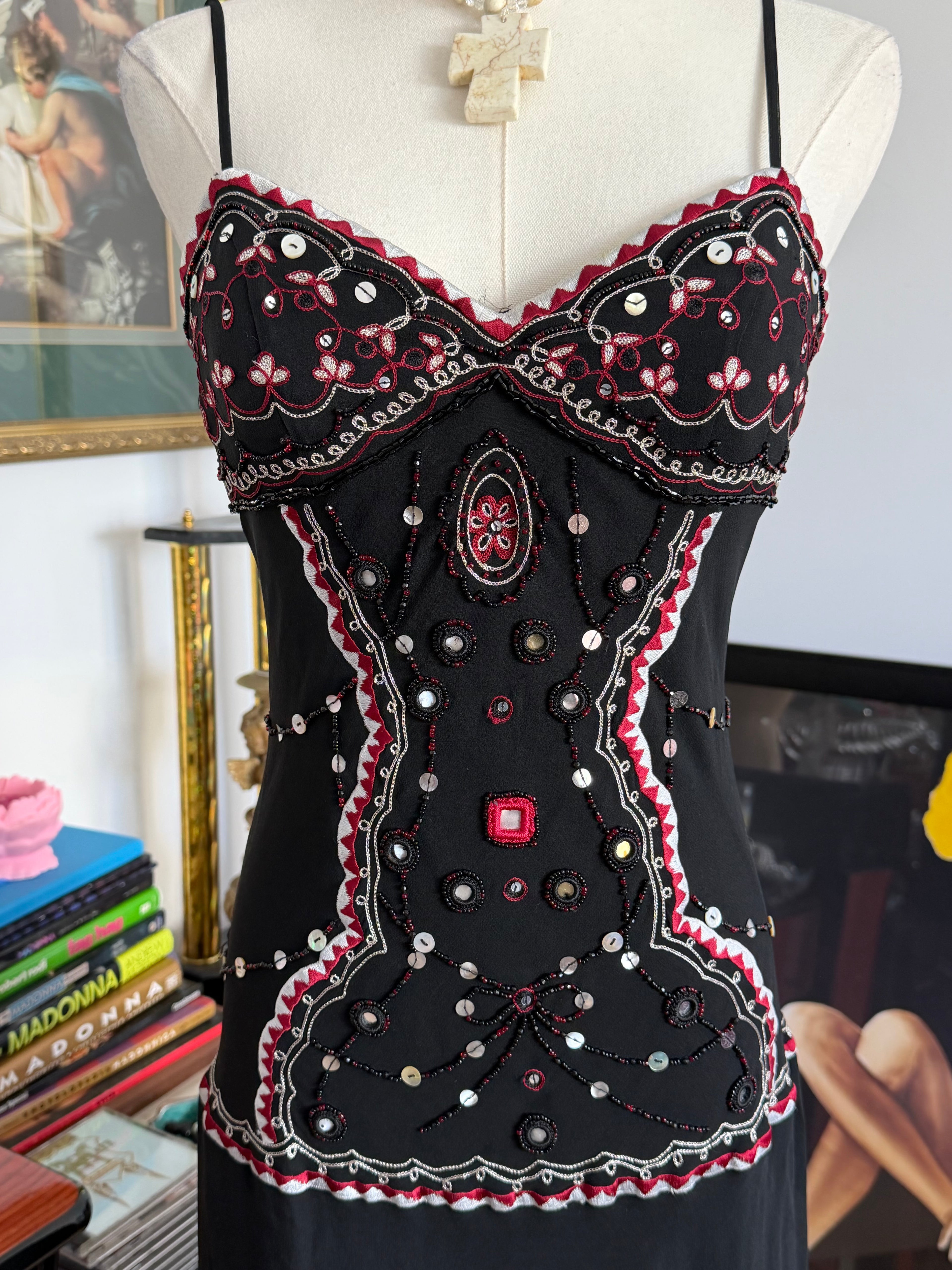 Vintage Sue Wong Black Silk Beaded Corset Illusion Handkerchief Dress -6
