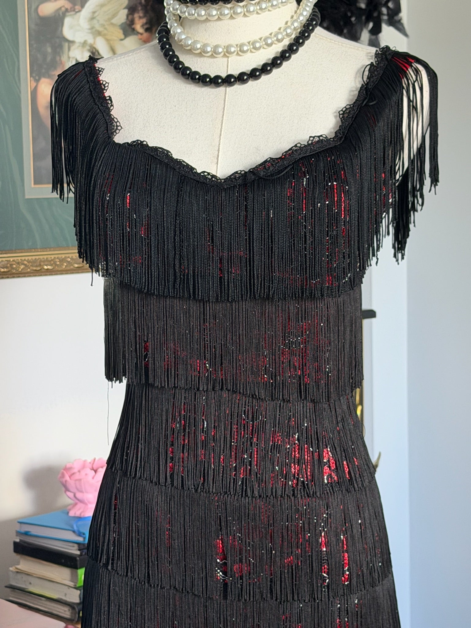 Vintage Morgan & Co. Black Fringe & Red Sequin Dress