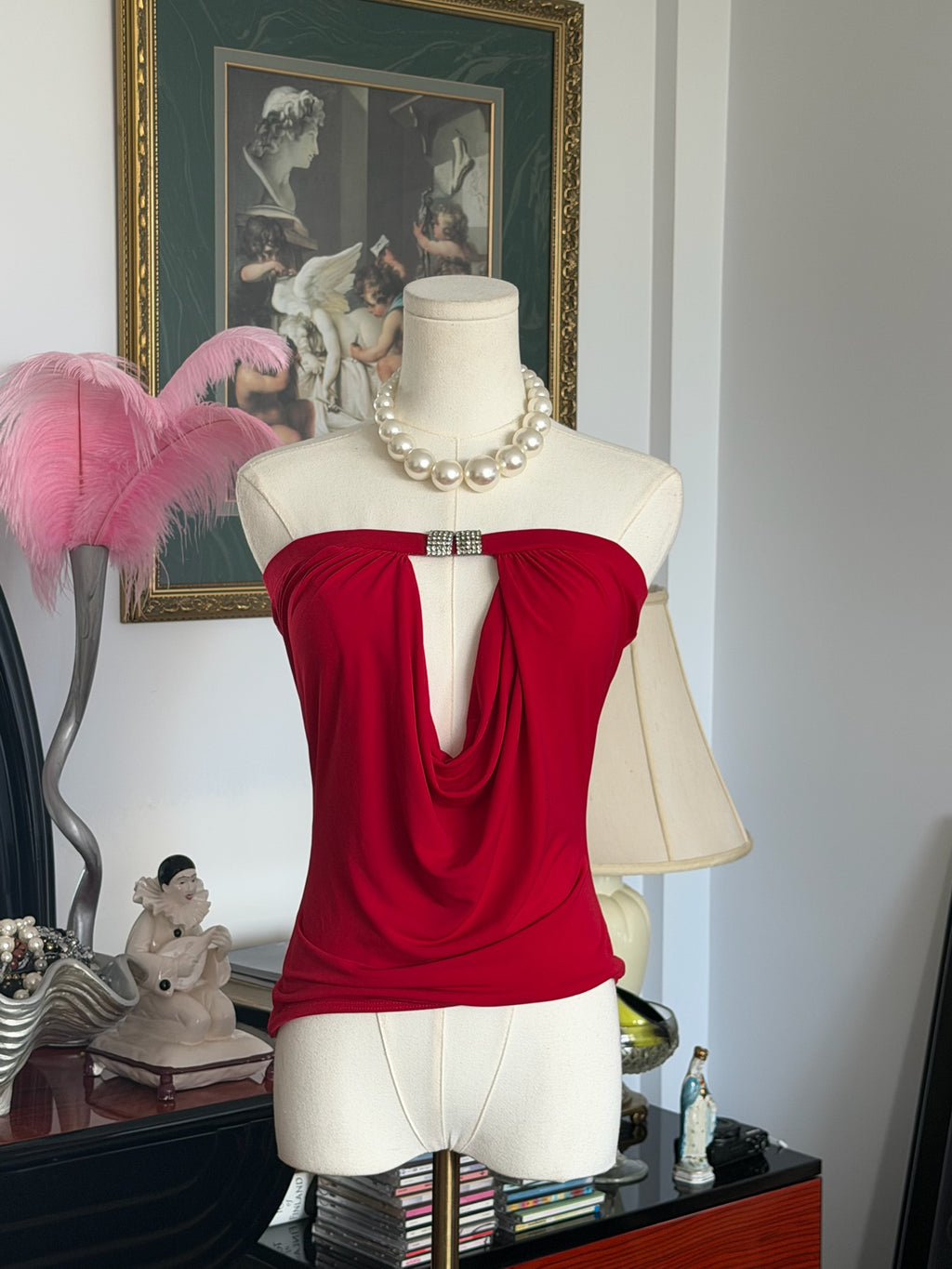 Red Strapless Draped Top S-M