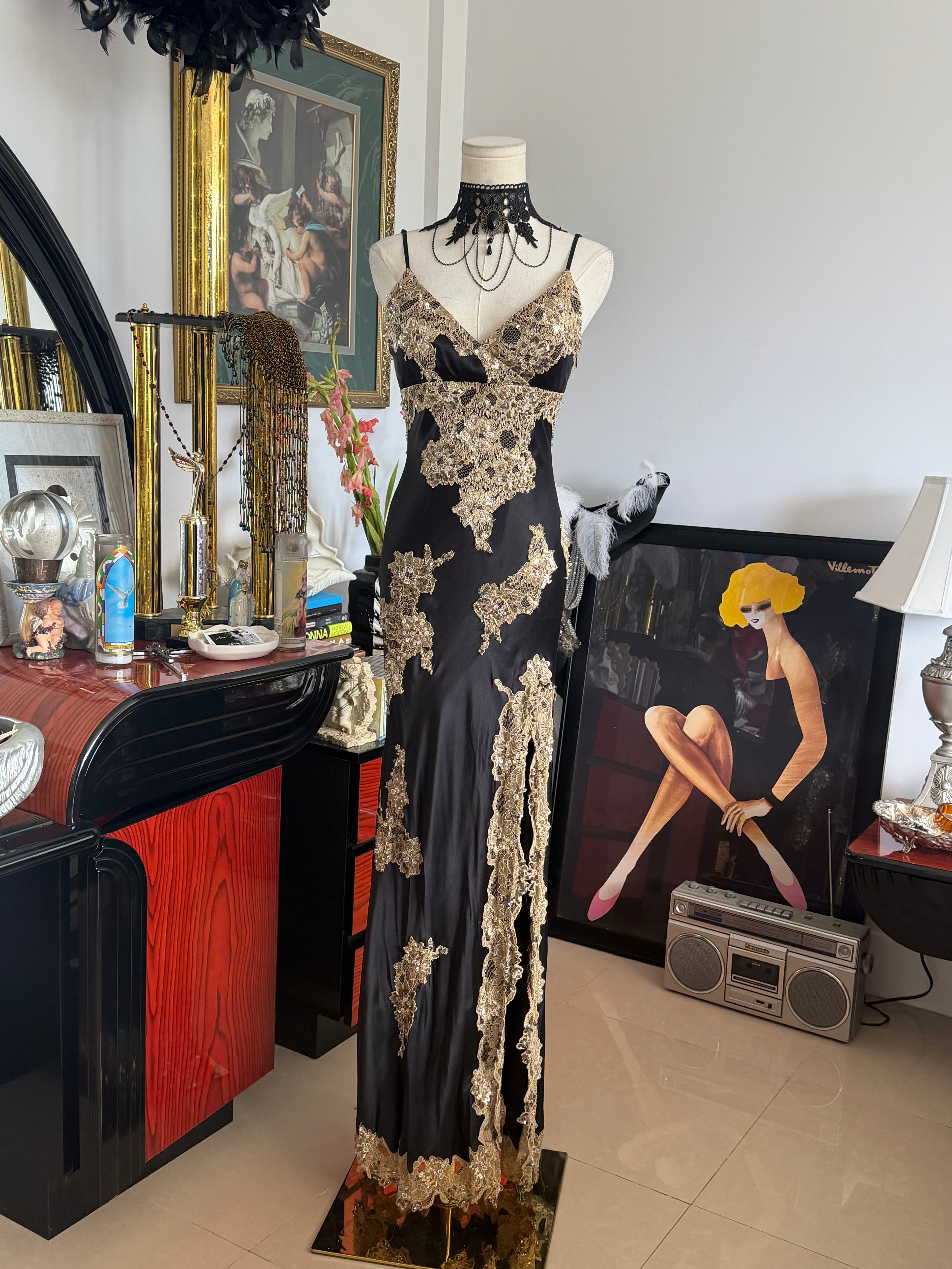 Vintage Caché Black & Gold Embellished Lace Evening Gown
