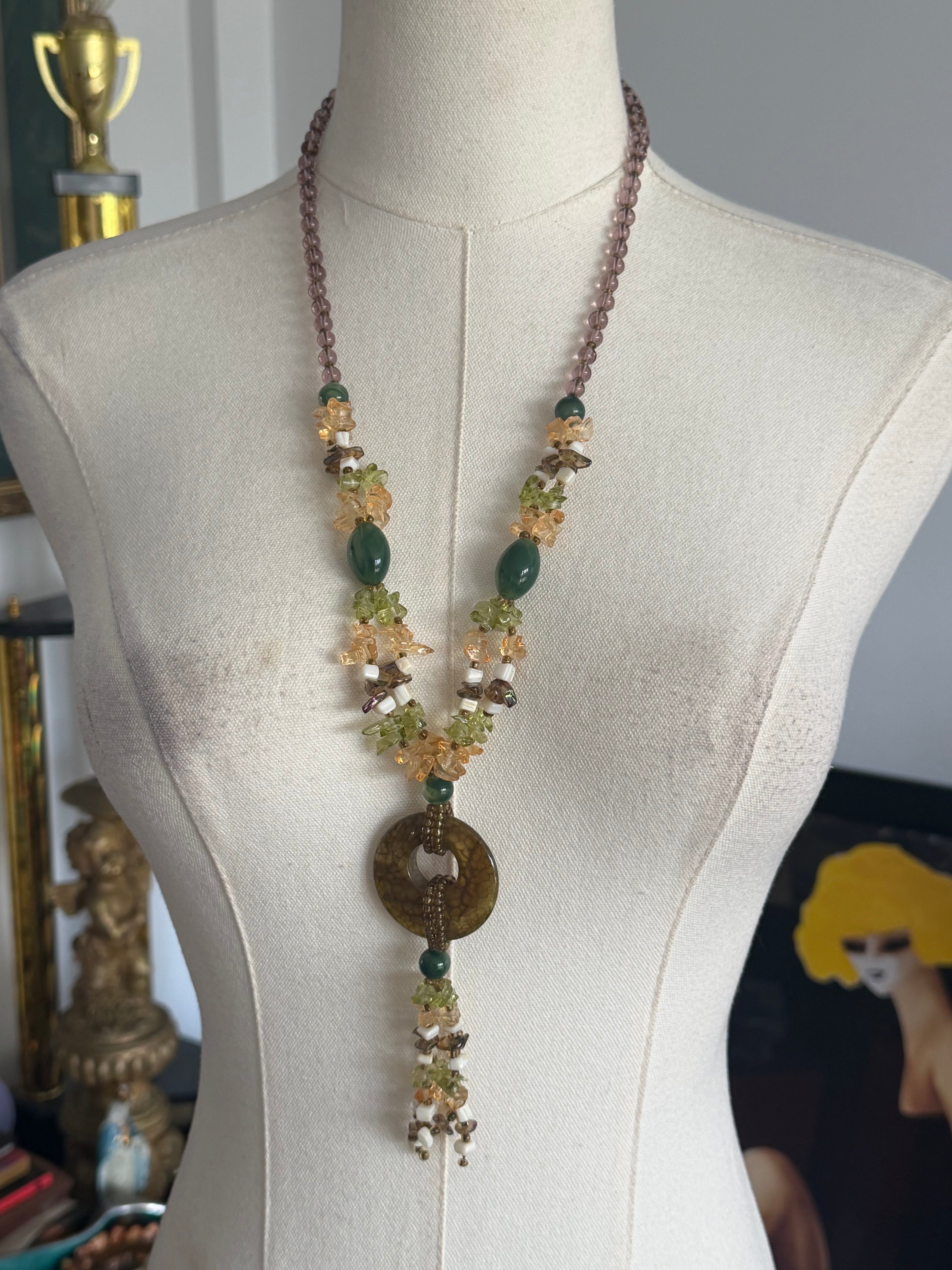 Vintage Earth Tone Stone Beaded Lariat Necklace