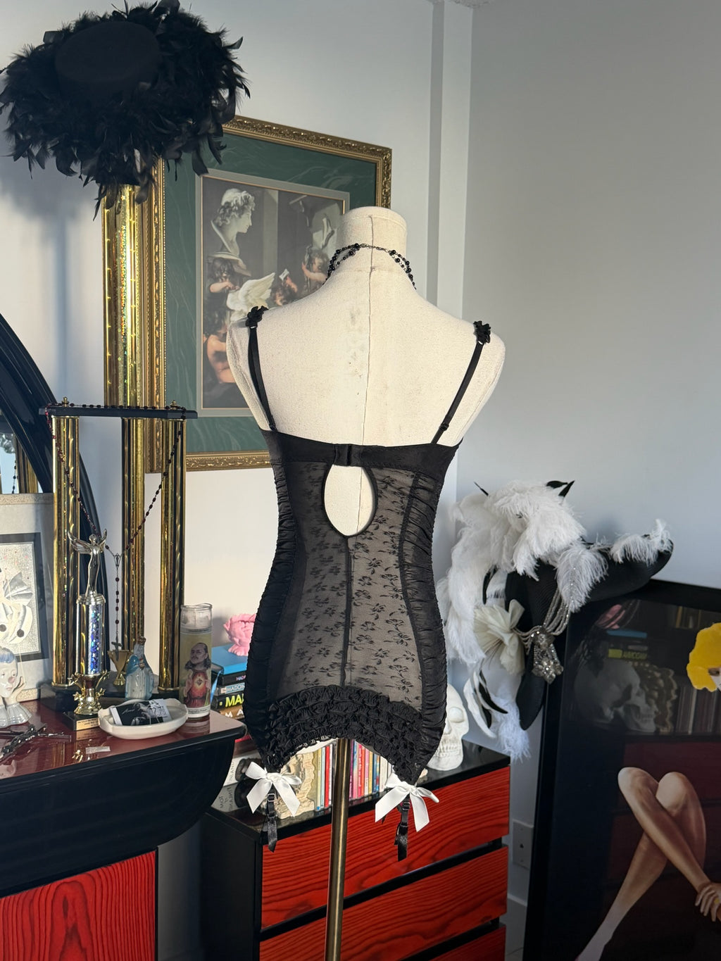 Vintage Victoria’s Secret Black Bustier Slip – Ruched Lace Lingerie Dress 34C