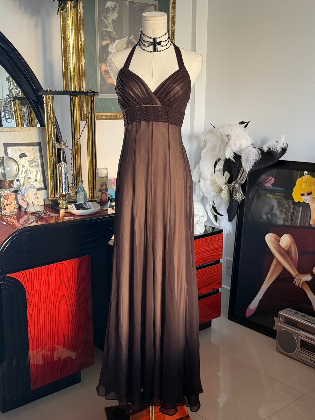 BCBGMAXAZRIA Chocolate Brown Sheer Halter Evening Gown – Y2K Empire Waist Maxi Dress