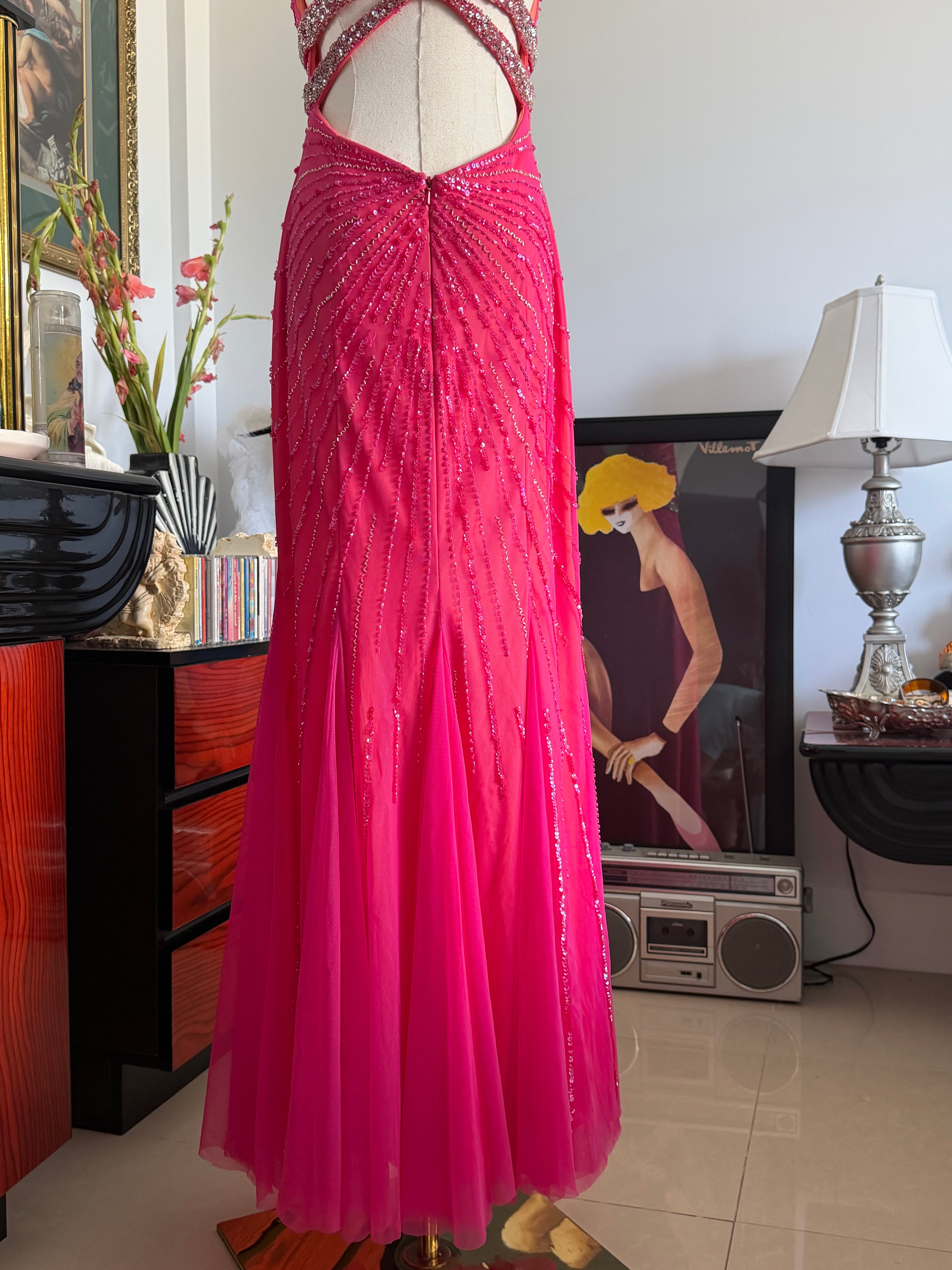 Cecily Brown Hot Pink Beaded Rhinestone Open Back Evening Gown