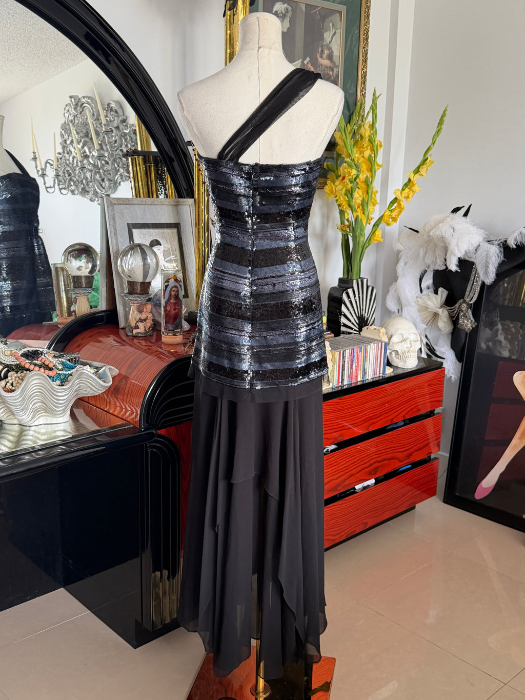 BCBG Max Azria Black Sequin One-Shoulder Evening Gown