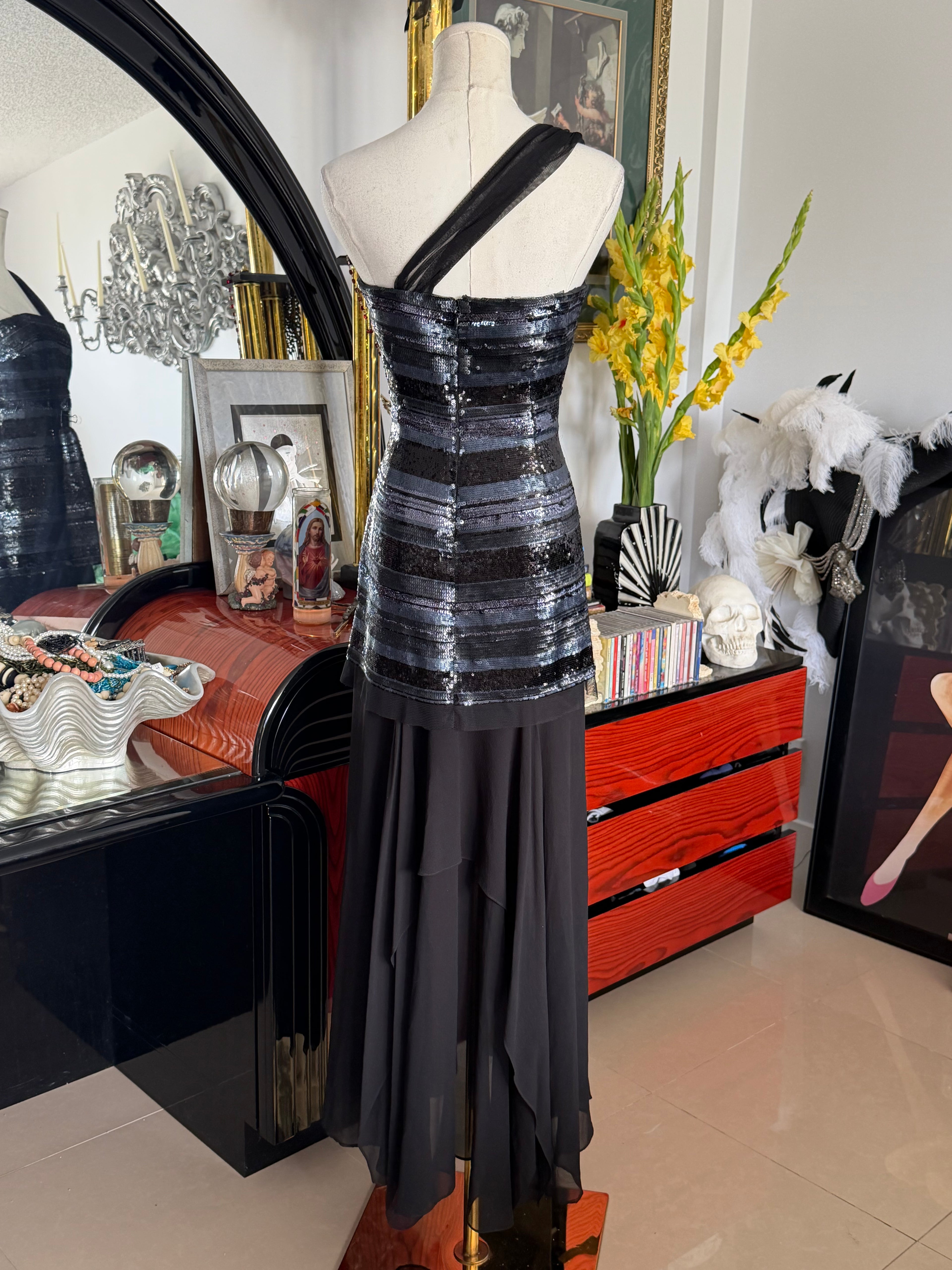 BCBG Max Azria Black Sequin One-Shoulder Evening Gown