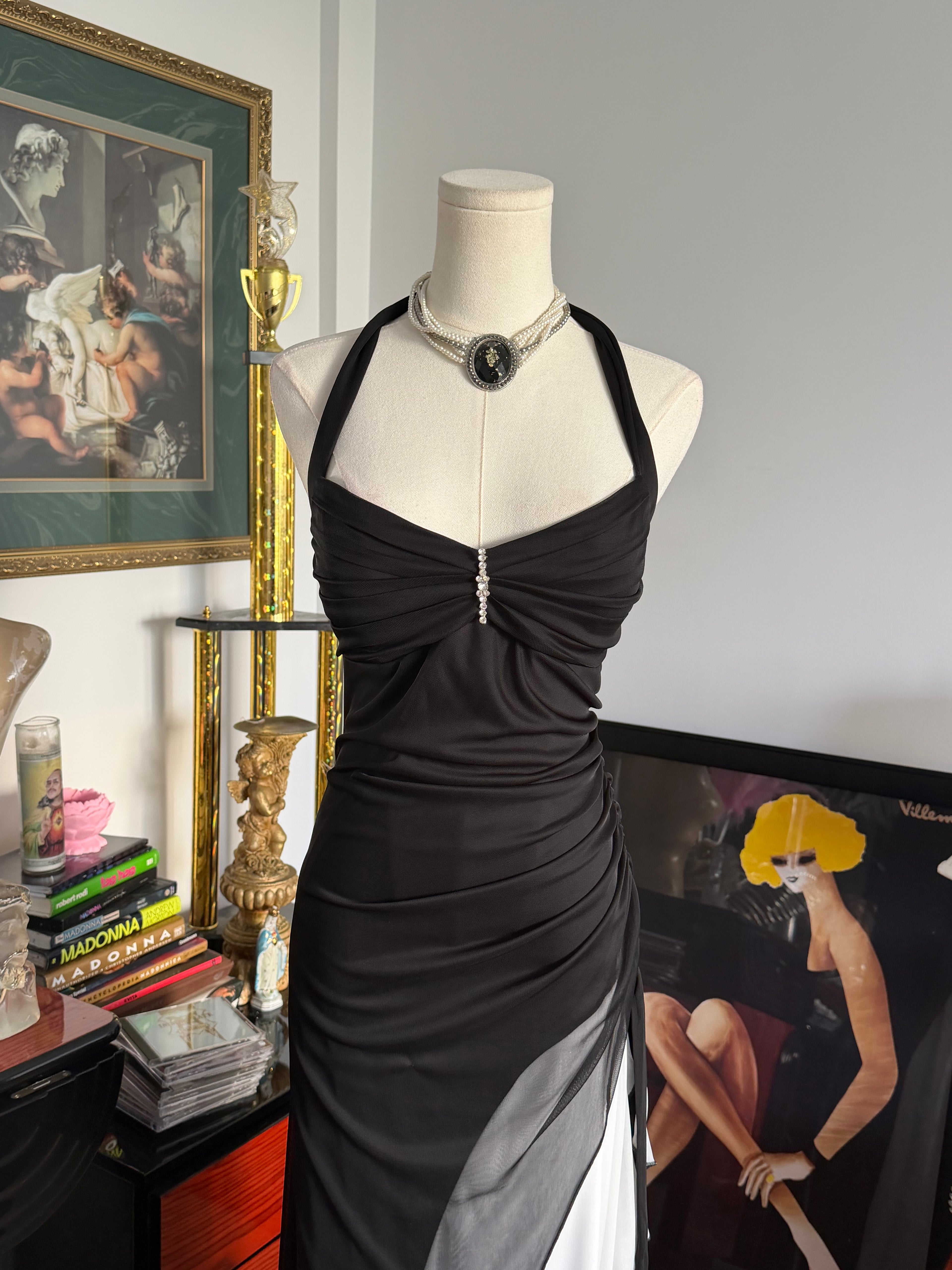 Vintage City Triangles Black & White Draped Halter Gown M