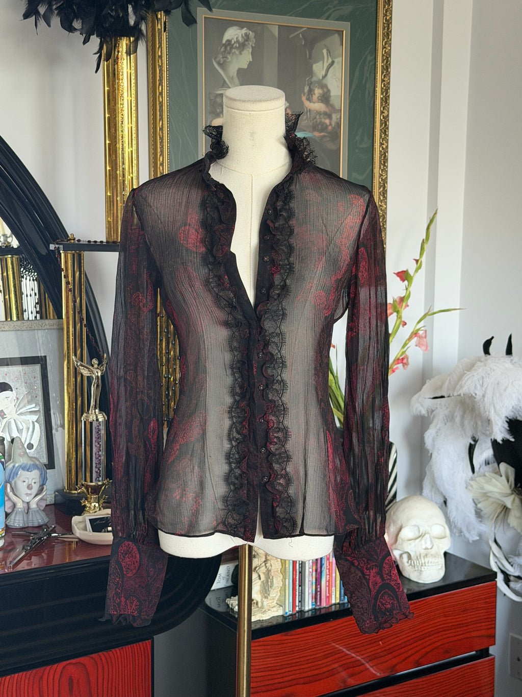 Eli Tahari Sheer Burgundy Gothic Ruffle Blouse