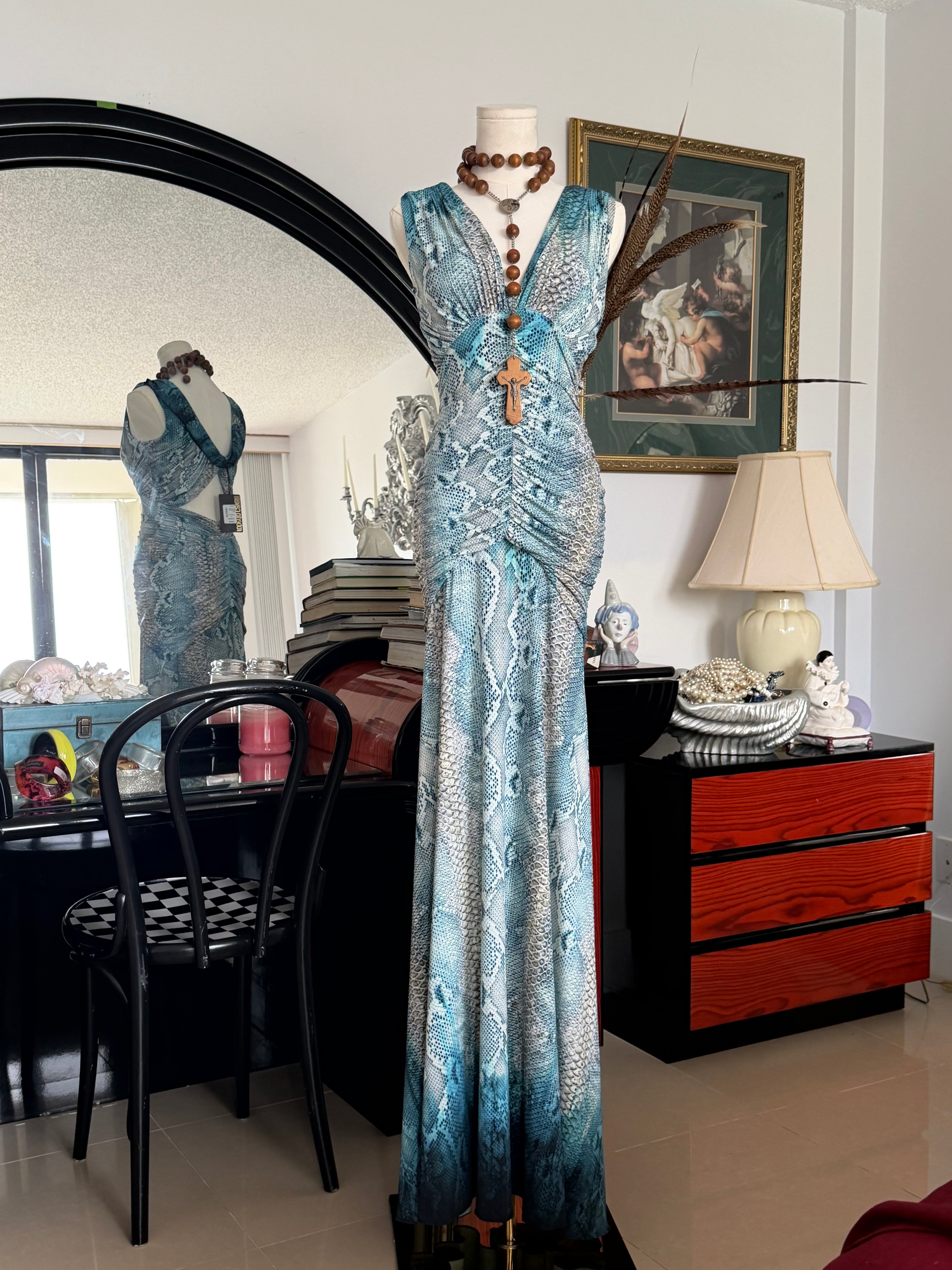 Roberto Cavalli 2005 Python Print Ruched Cut-Out Gown (NWT, Size S)