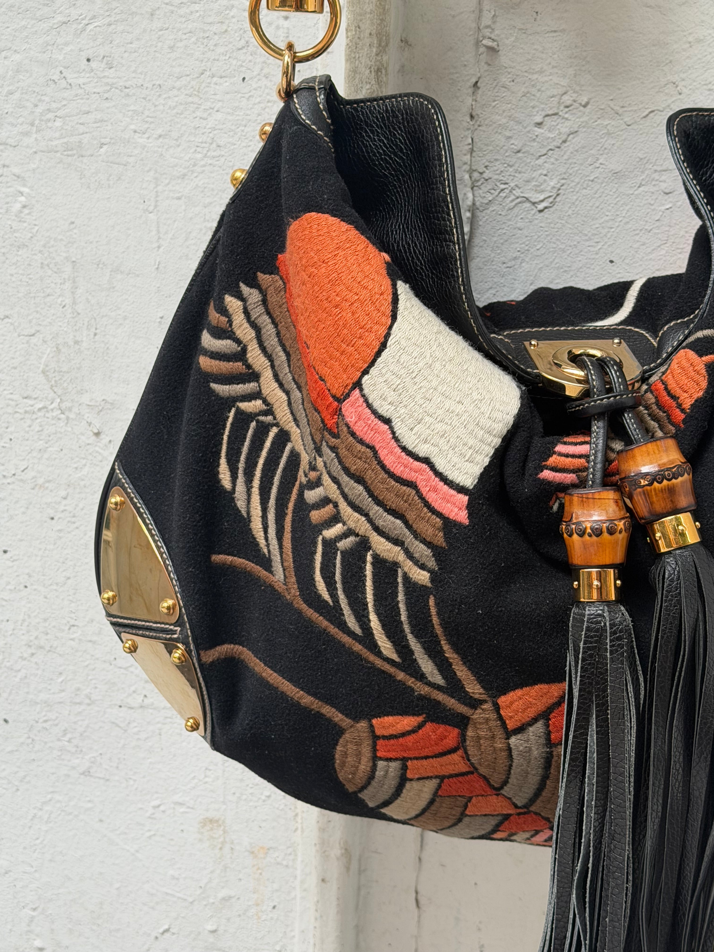 Gucci Fall/Winter Embroidered Velvet Large Indy Hobo Bag
