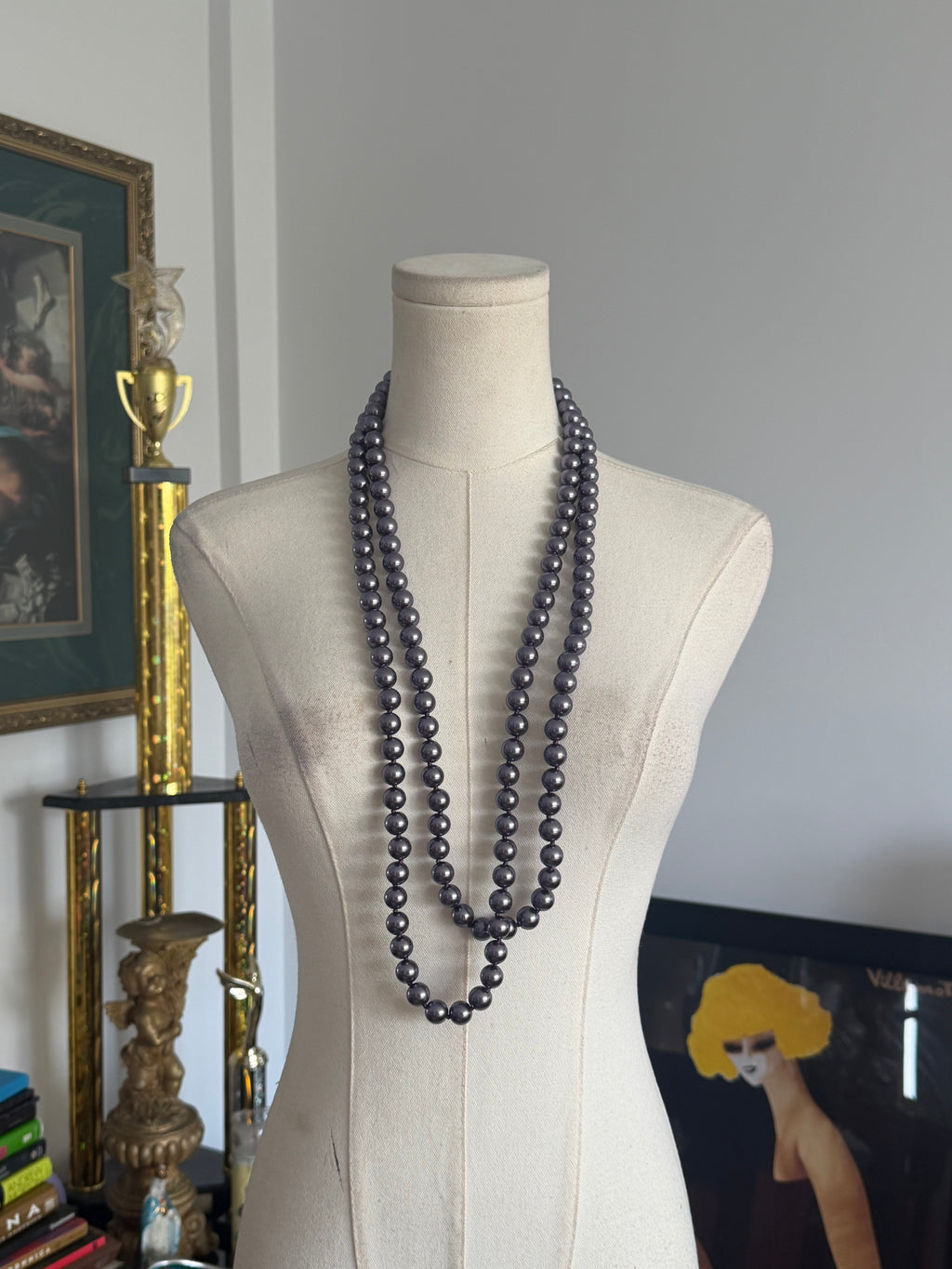 Metallic Plum Faux Pearl Opera Necklace
